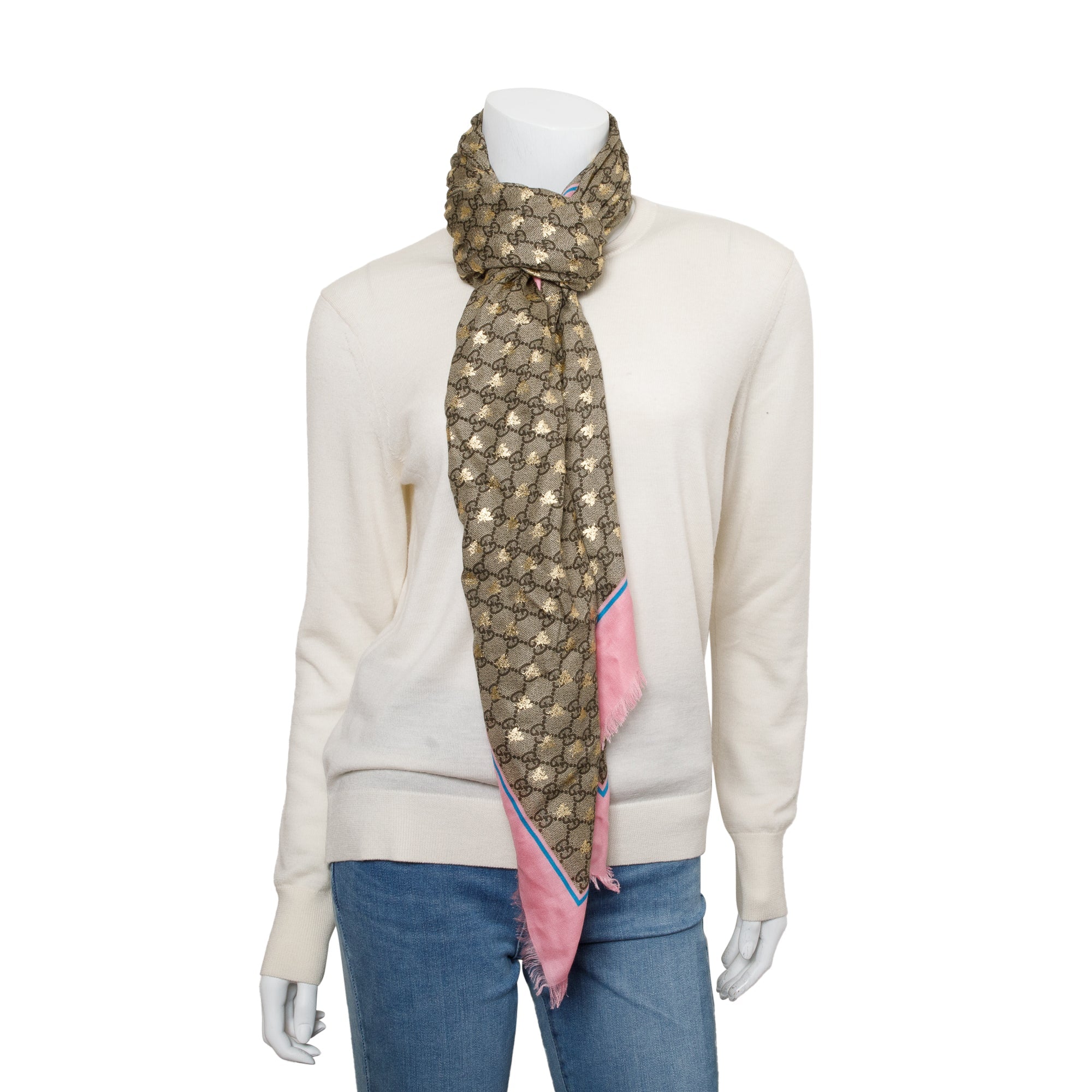 Gucci Beige/ Pink Jacquard GG Bees Silk Shawl Scarf w/ Box