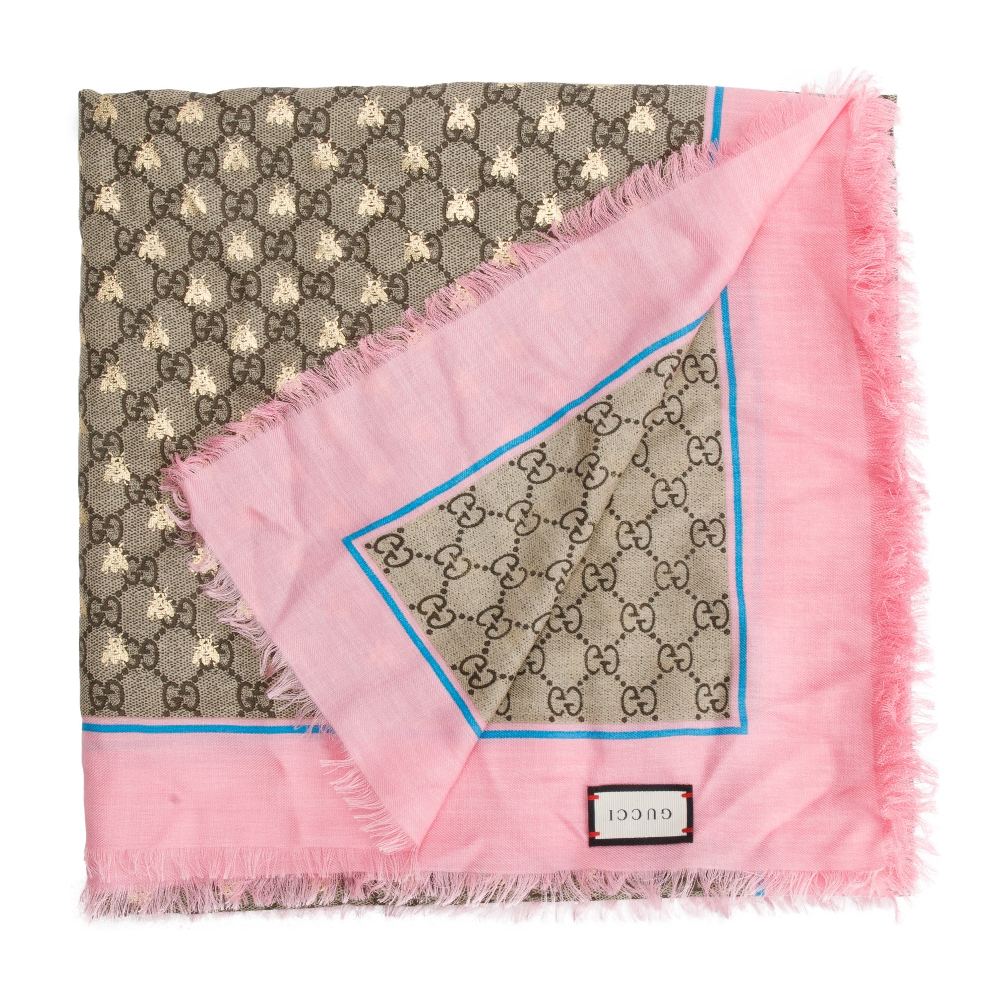 Gucci Beige/ Pink Jacquard GG Bees Silk Shawl Scarf w/ Box