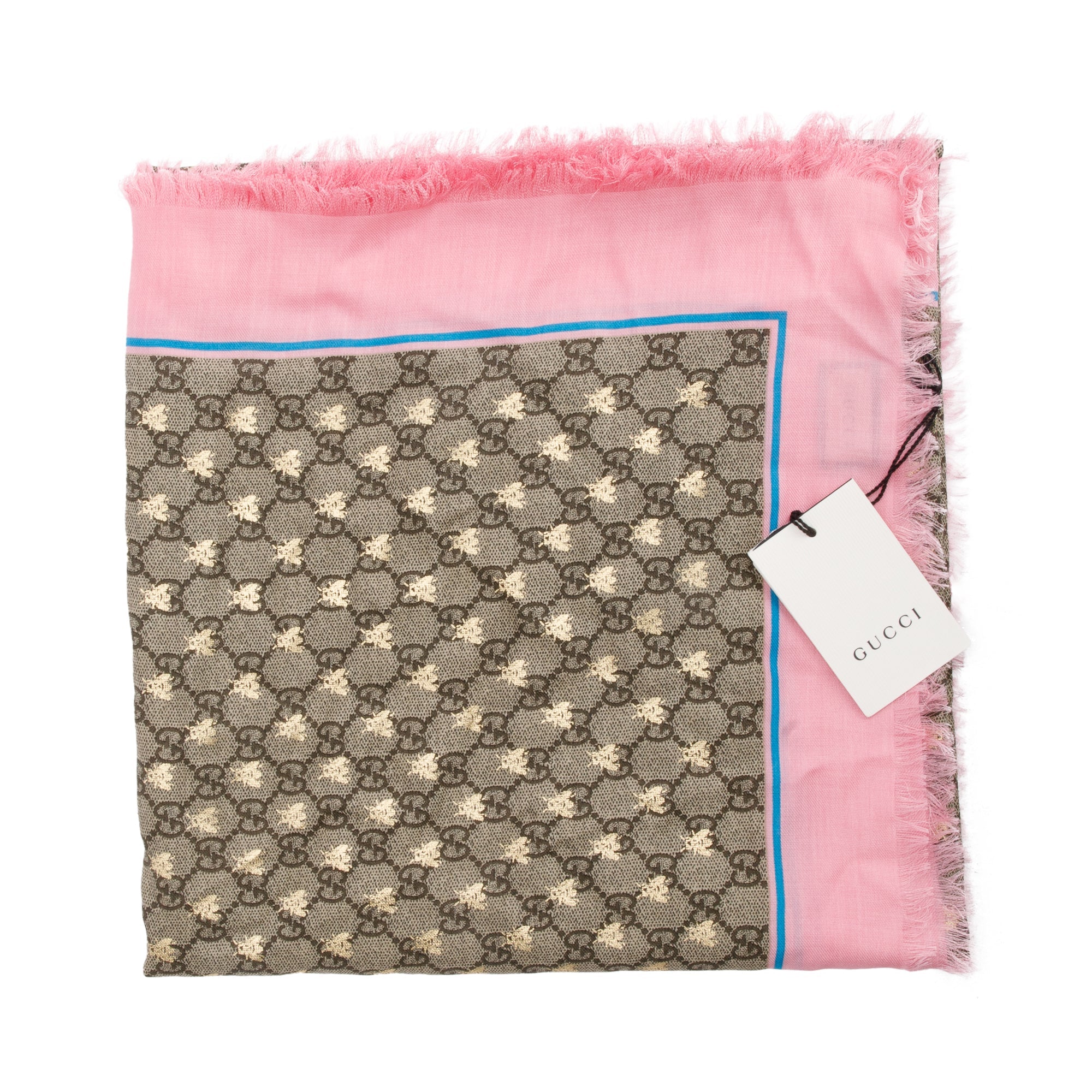 Gucci Beige/ Pink Jacquard GG Bees Silk Shawl Scarf w/ Box