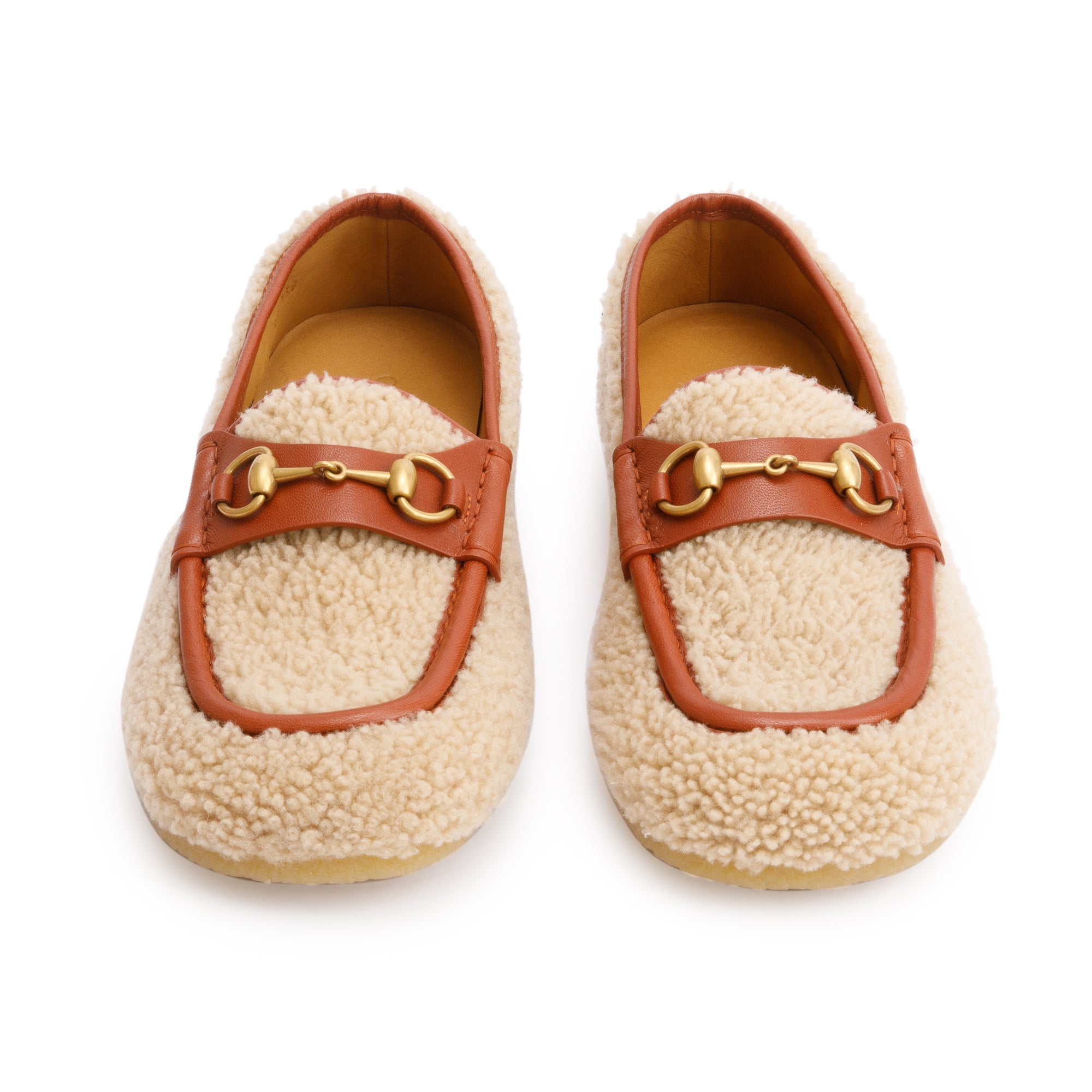 Gucci Beige Shearling Horsebit Accent Loafers, Size 9.5 w/ Box