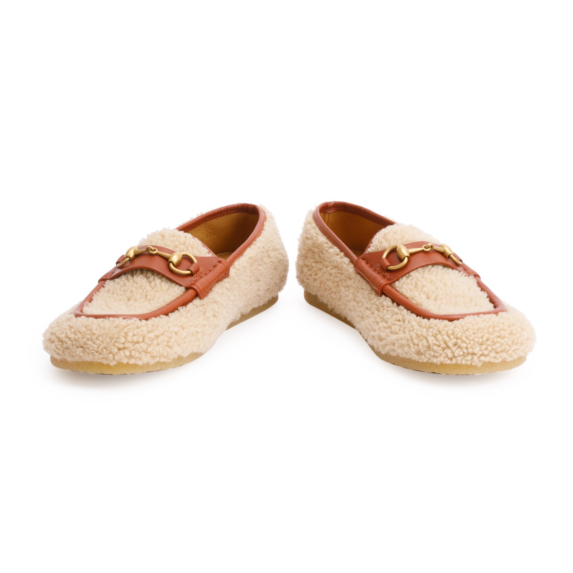 Gucci Beige Shearling Horsebit Accent Loafers, Size 9.5 w/ Box