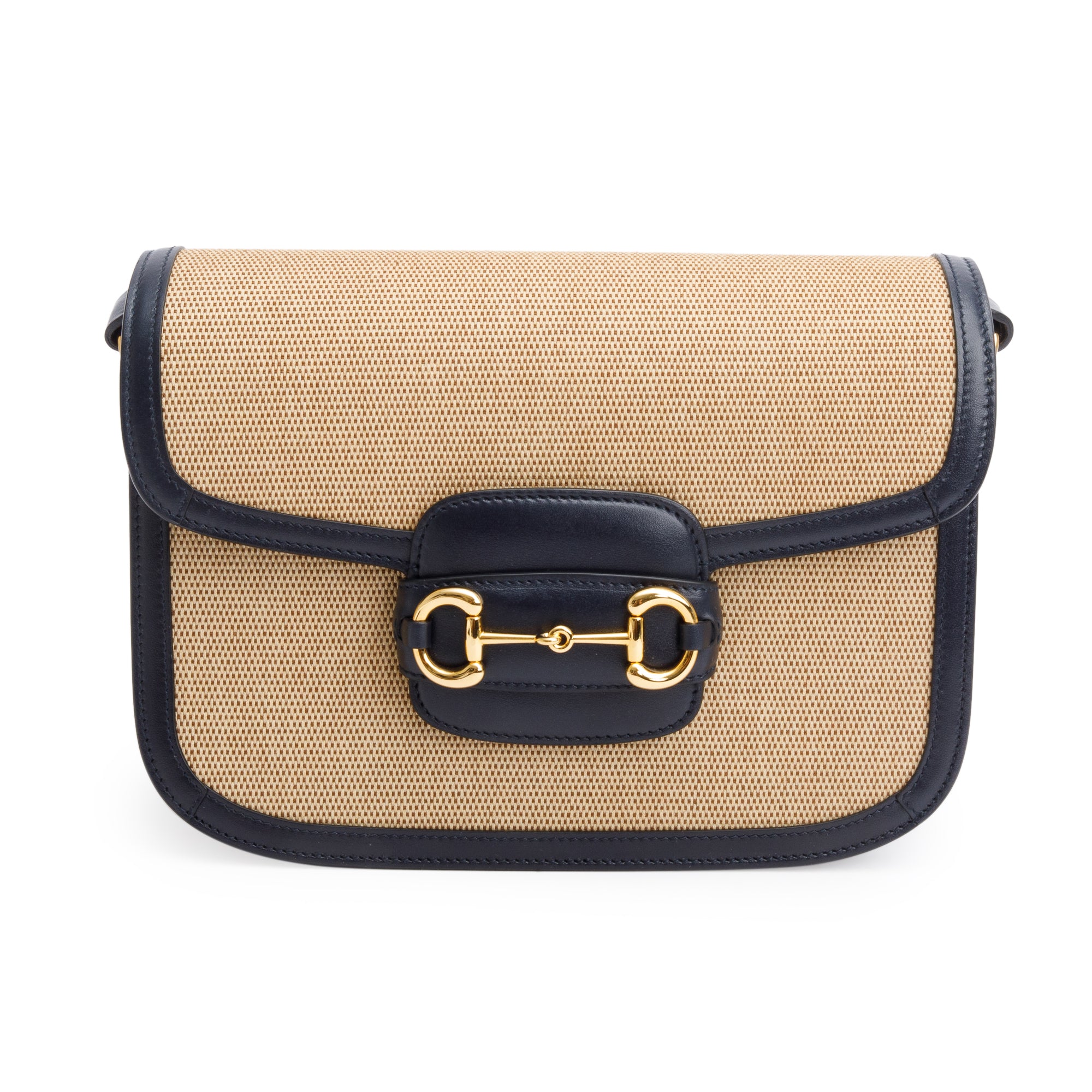Gucci Beige Vintage Rice Canvas Black Leather Trim Horsebit 1955 Small Shoulder Bag