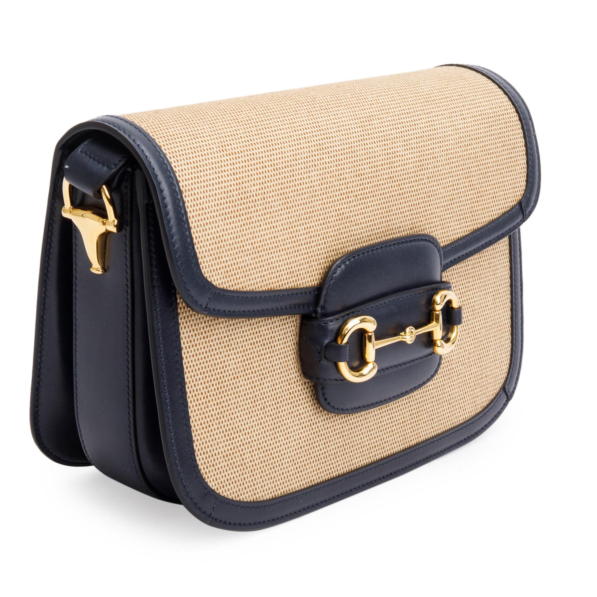 Gucci Beige Vintage Rice Canvas Black Leather Trim Horsebit 1955 Small Shoulder Bag