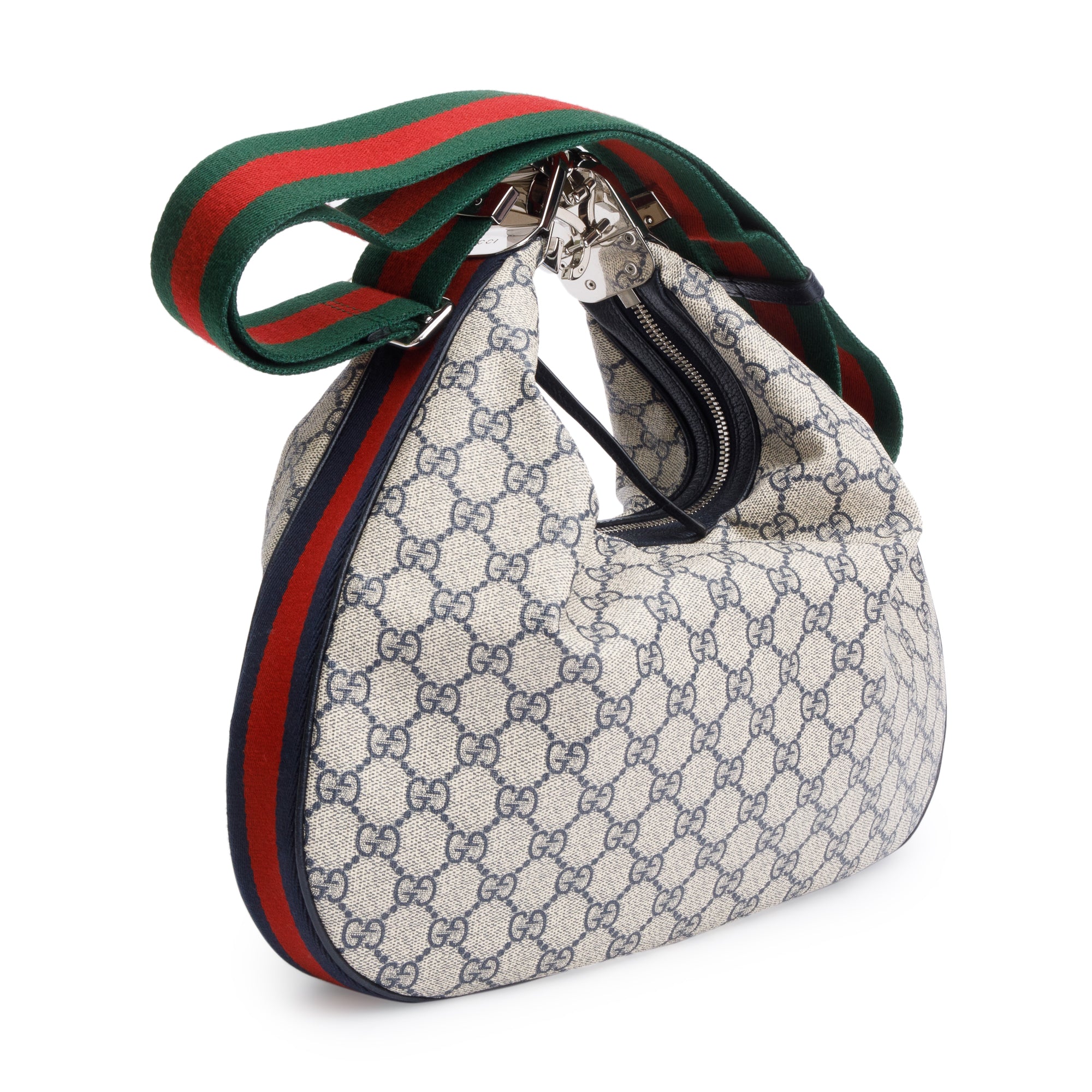 Gucci Beige/Navy GG Supreme Web Attache Medium Hobo Bag w/ Box