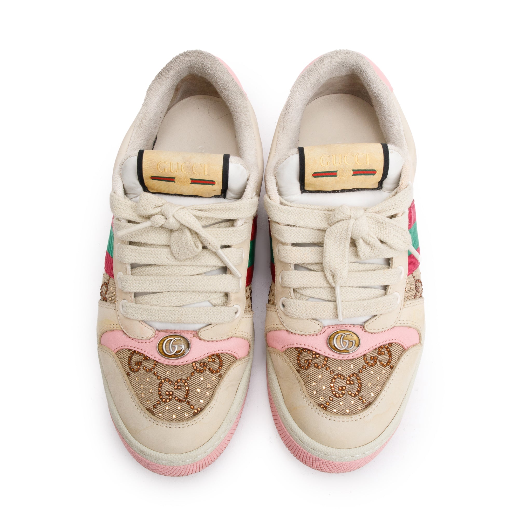 Gucci Beige/Pink Leather Web Canvas Screeners GG Sneakers, Size 37 w/ Box