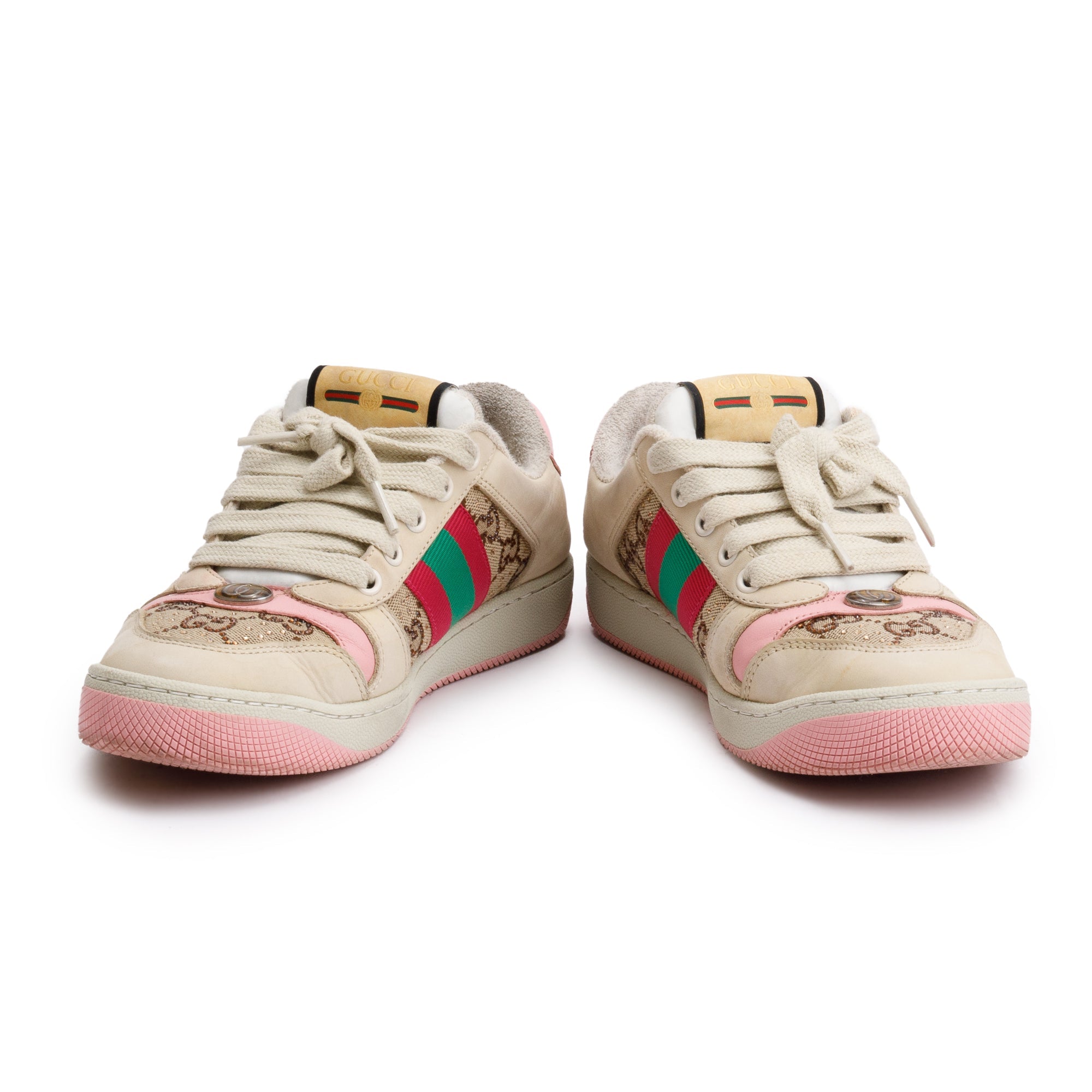 Gucci Beige/Pink Leather Web Canvas Screeners GG Sneakers, Size 37 w/ Box