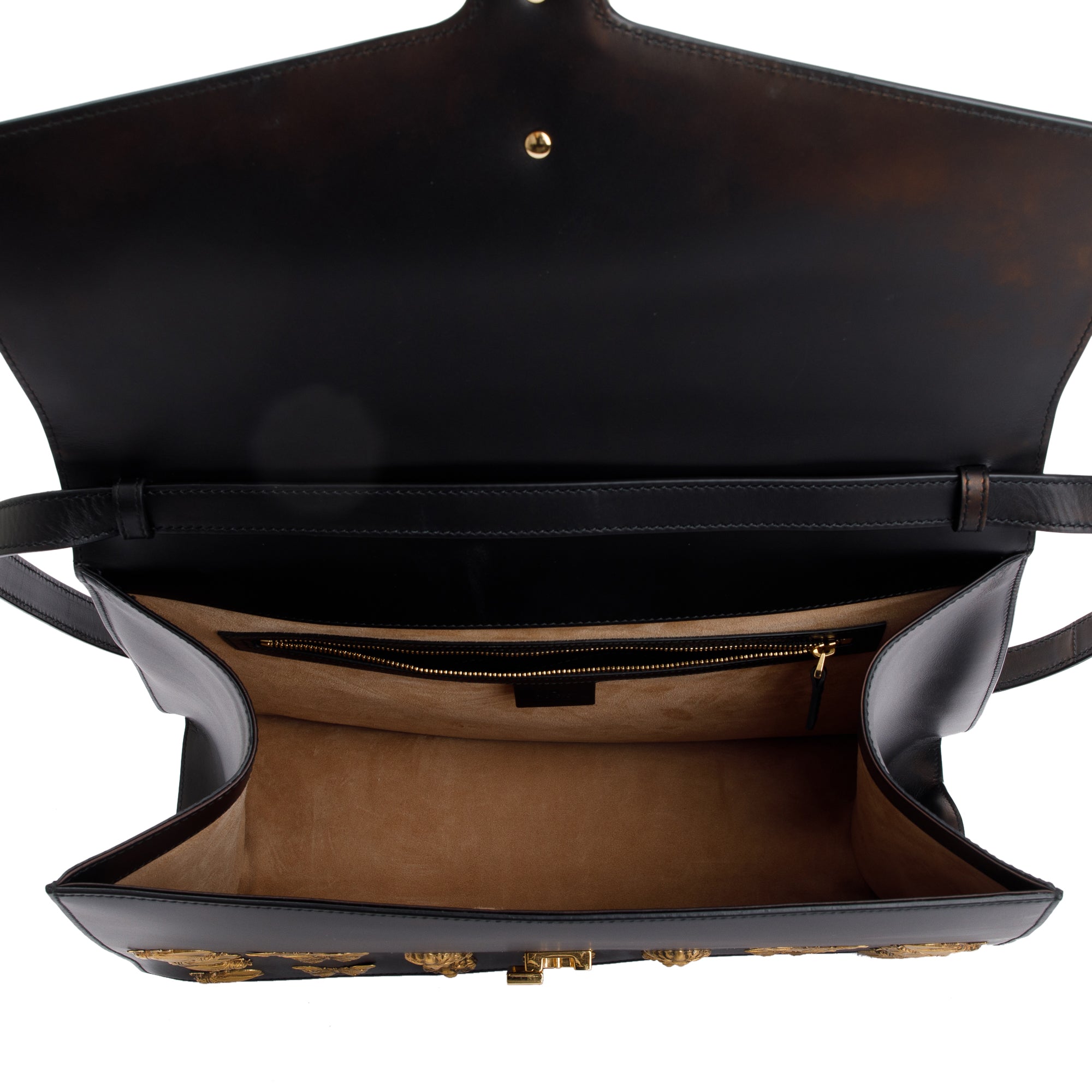 Gucci Black Calfskin Leather Animal Studs Maxi Sylvie Handle Bag w/ Strap