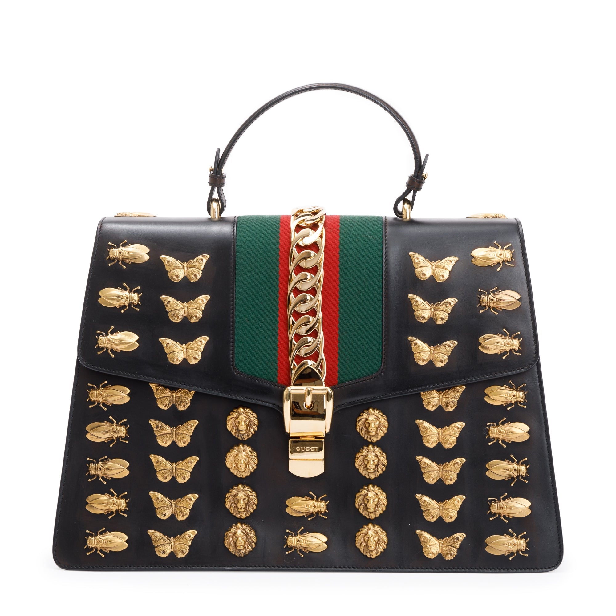 Gucci Black Calfskin Leather Animal Studs Maxi Sylvie Handle Bag w/ Strap