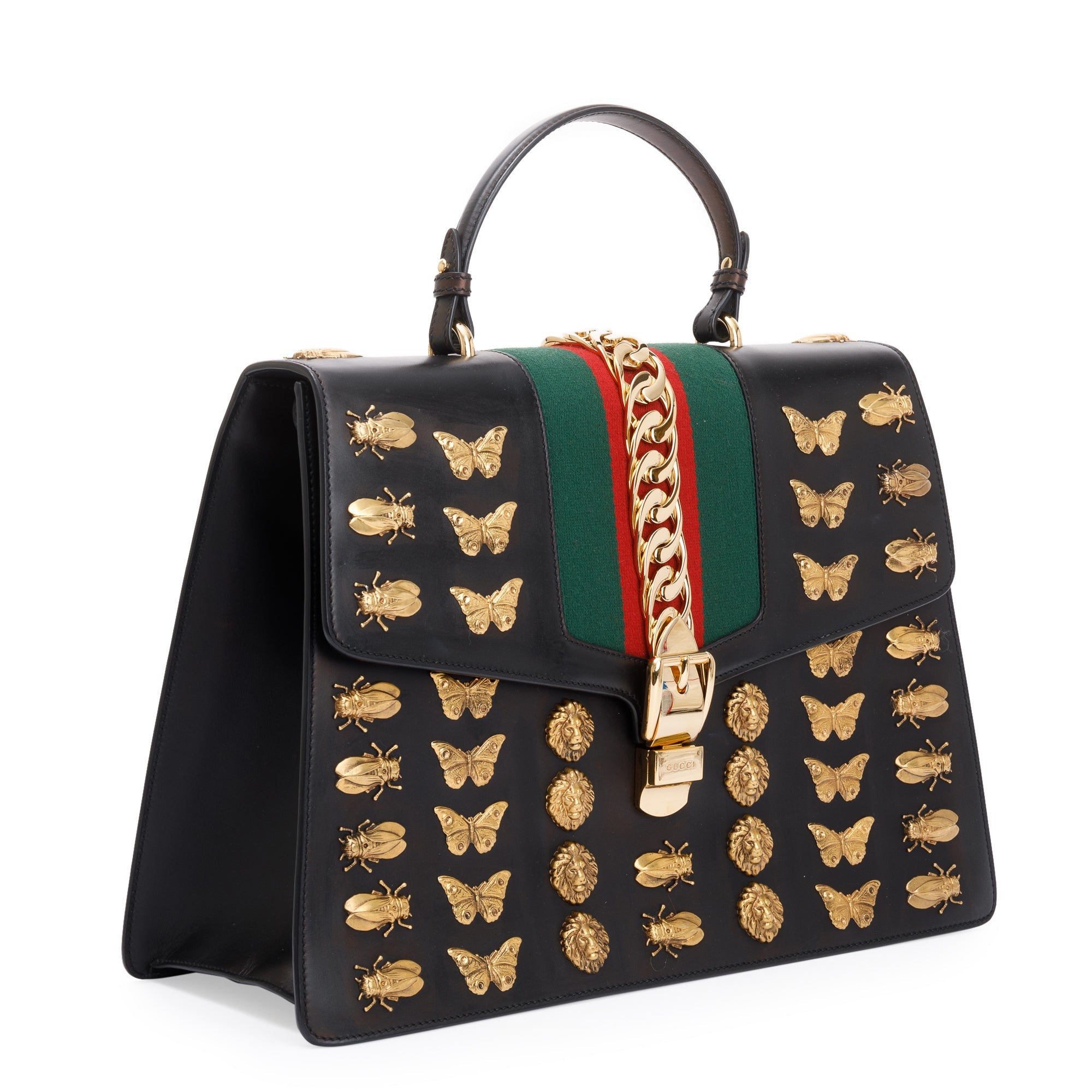 Gucci Black Calfskin Leather Animal Studs Maxi Sylvie Handle Bag w/ Strap