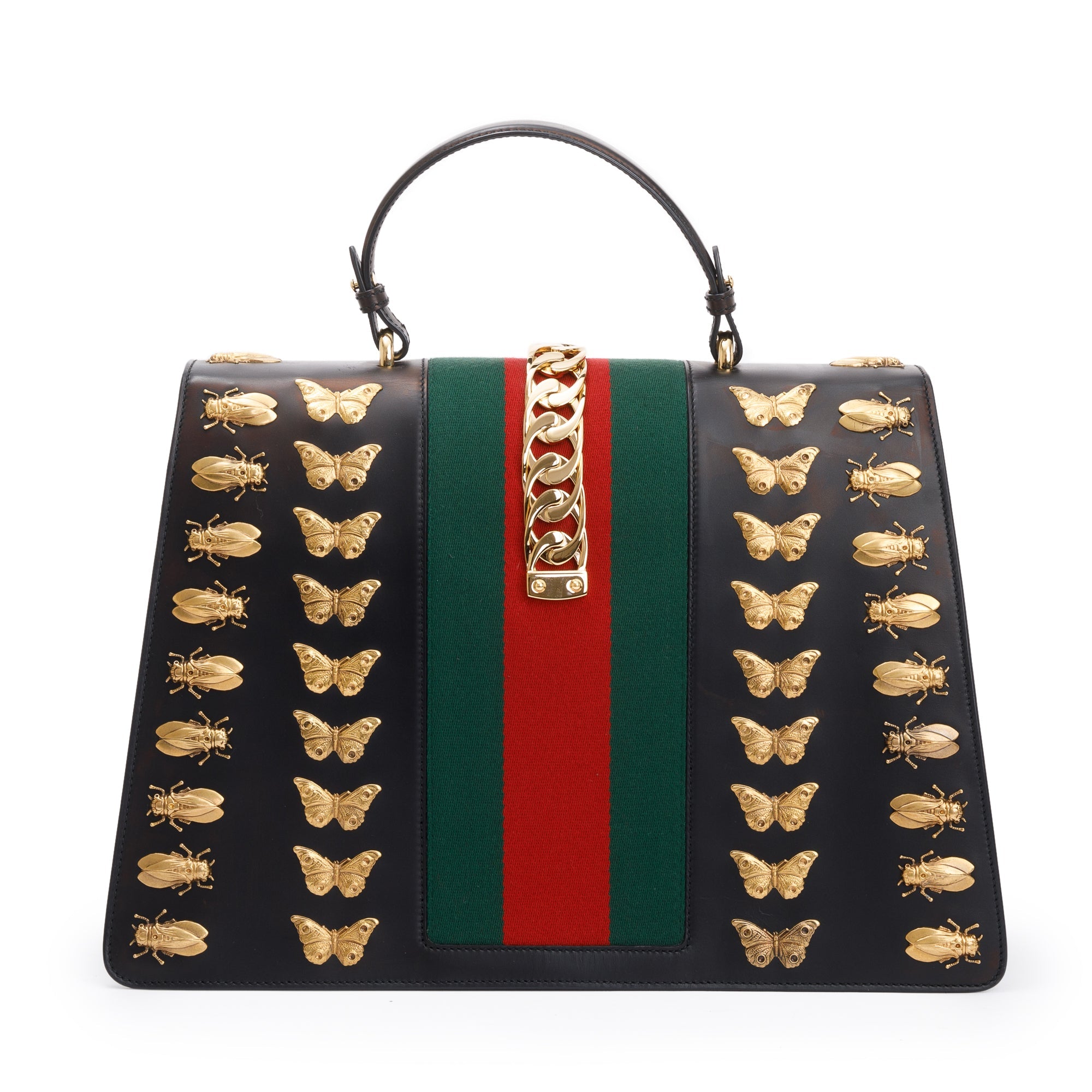 Gucci Black Calfskin Leather Animal Studs Maxi Sylvie Handle Bag w/ Strap