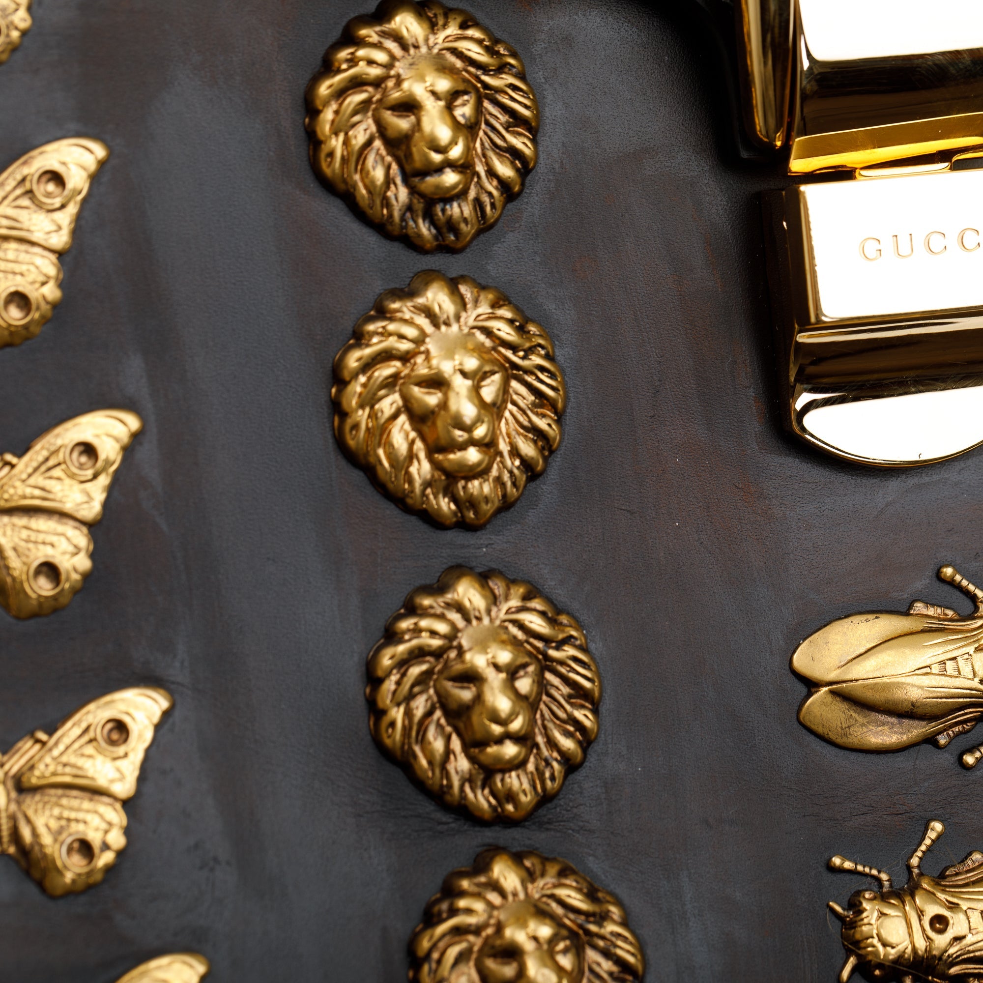 Gucci Black Calfskin Leather Animal Studs Maxi Sylvie Handle Bag w/ Strap