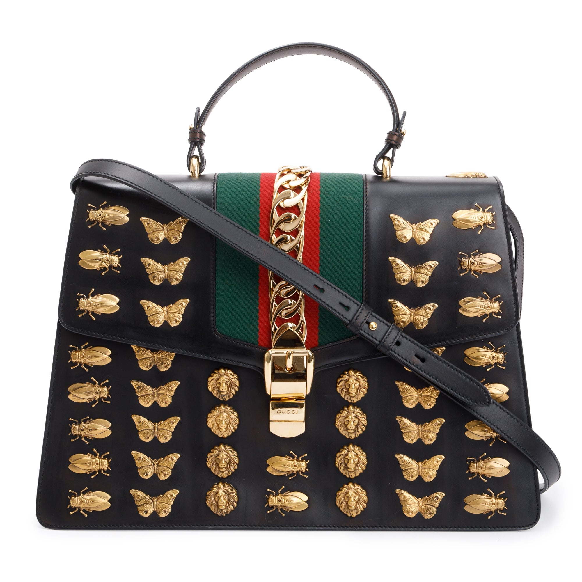 Gucci Black Calfskin Leather Animal Studs Maxi Sylvie Handle Bag w/ Strap