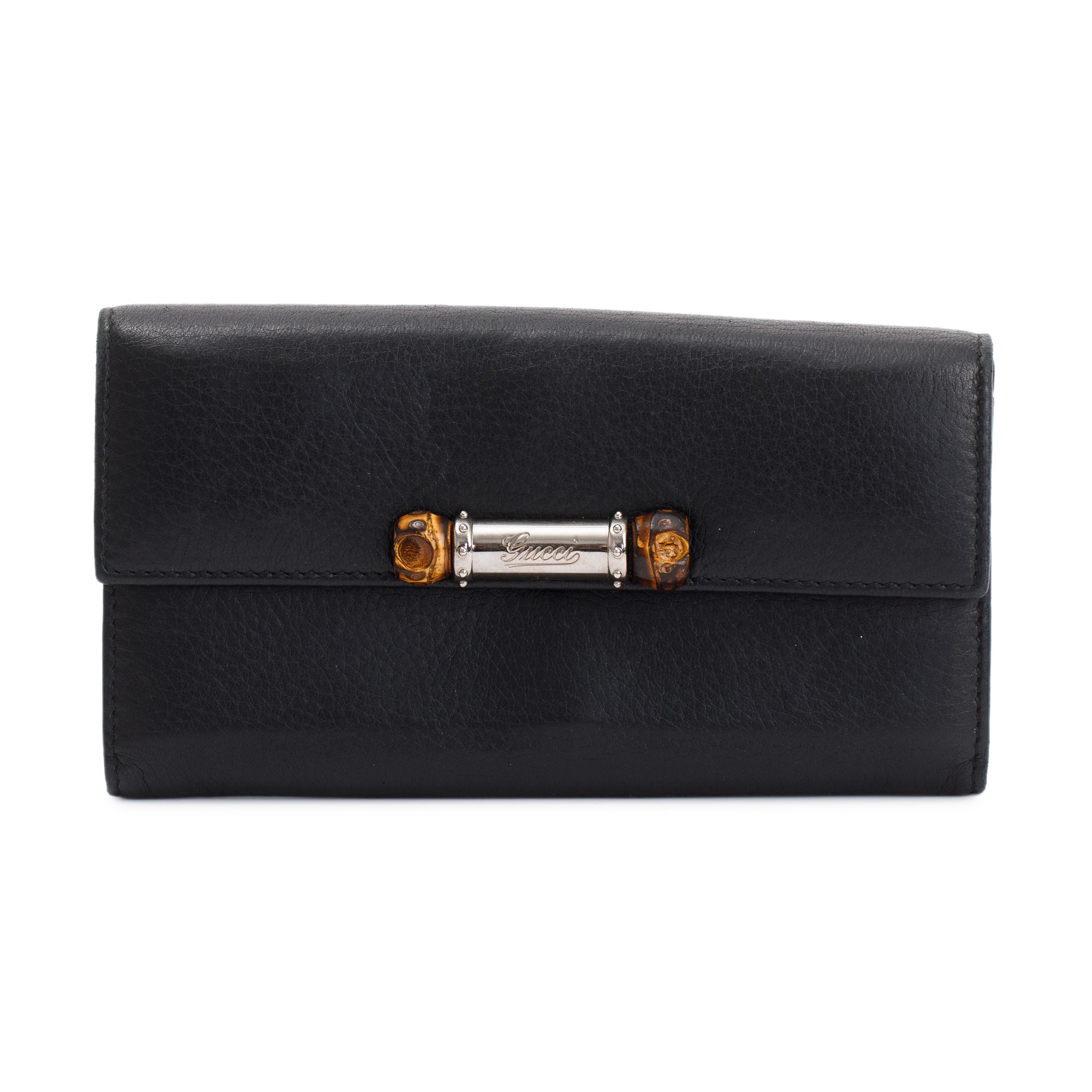 Gucci Black Calfskin Leather Bamboo Flap Continental Wallet