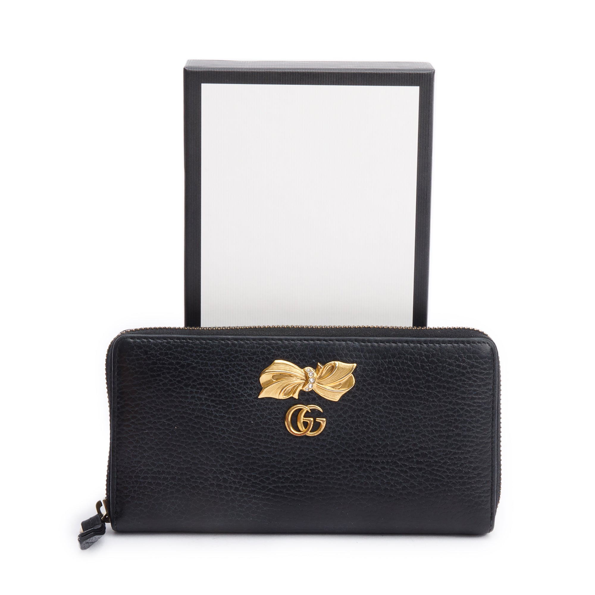 Gucci Black Calfskin Leather GG Marmont Bow Zip Around Wallet w/ Box