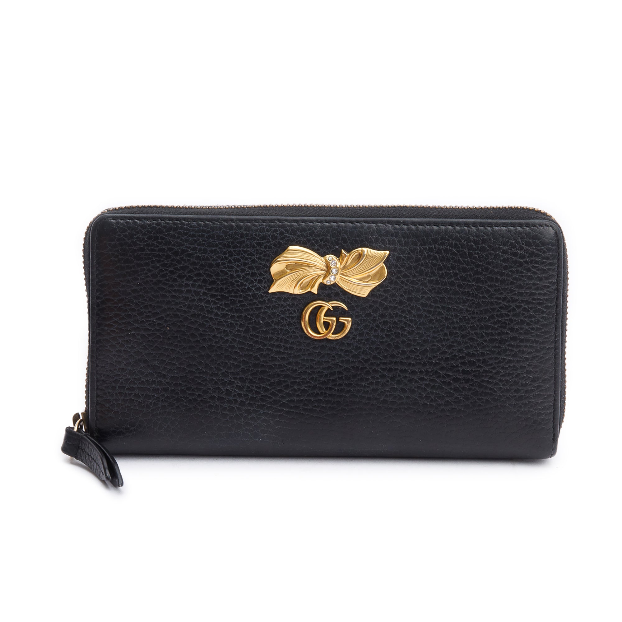 Gucci Black Calfskin Leather GG Marmont Bow Zip Around Wallet w/ Box