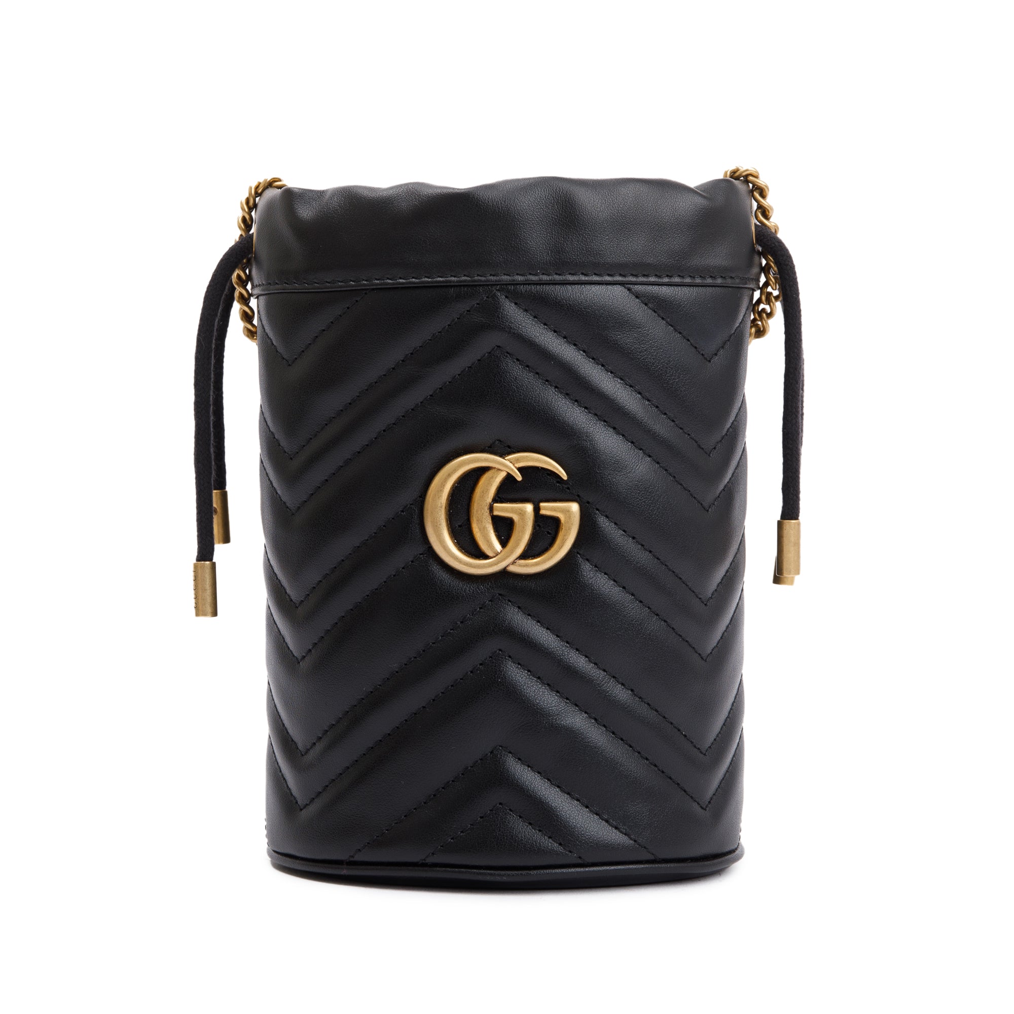 Gucci Black Calfskin Leather GG Marmont Mini Bucket Bag w/ Box