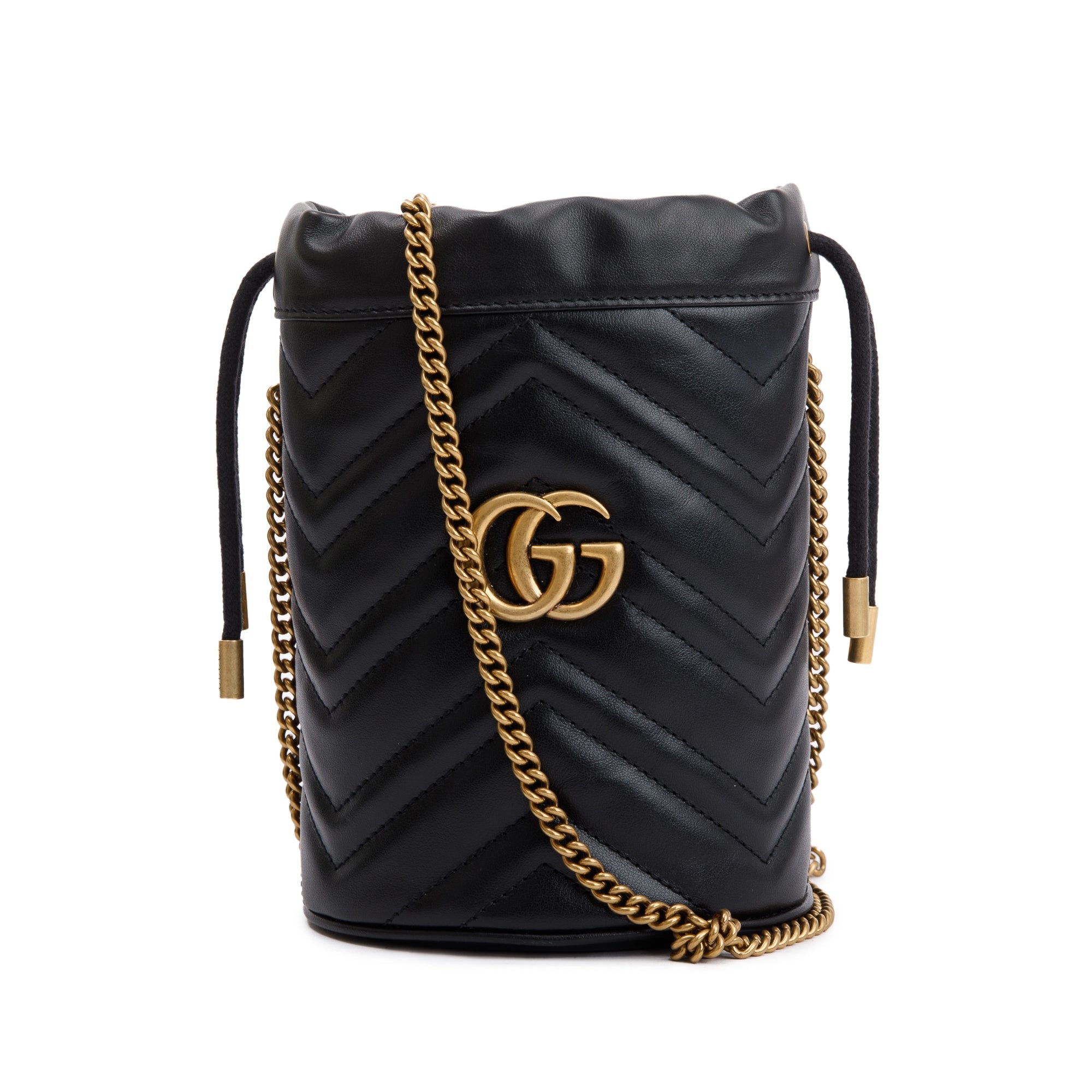 Gucci Black Calfskin Leather GG Marmont Mini Bucket Bag w/ Box