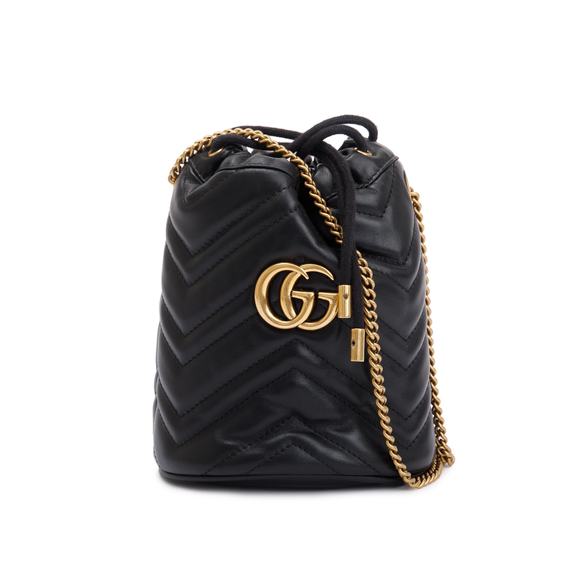 Gucci Black Calfskin Leather GG Marmont Mini Bucket Bag