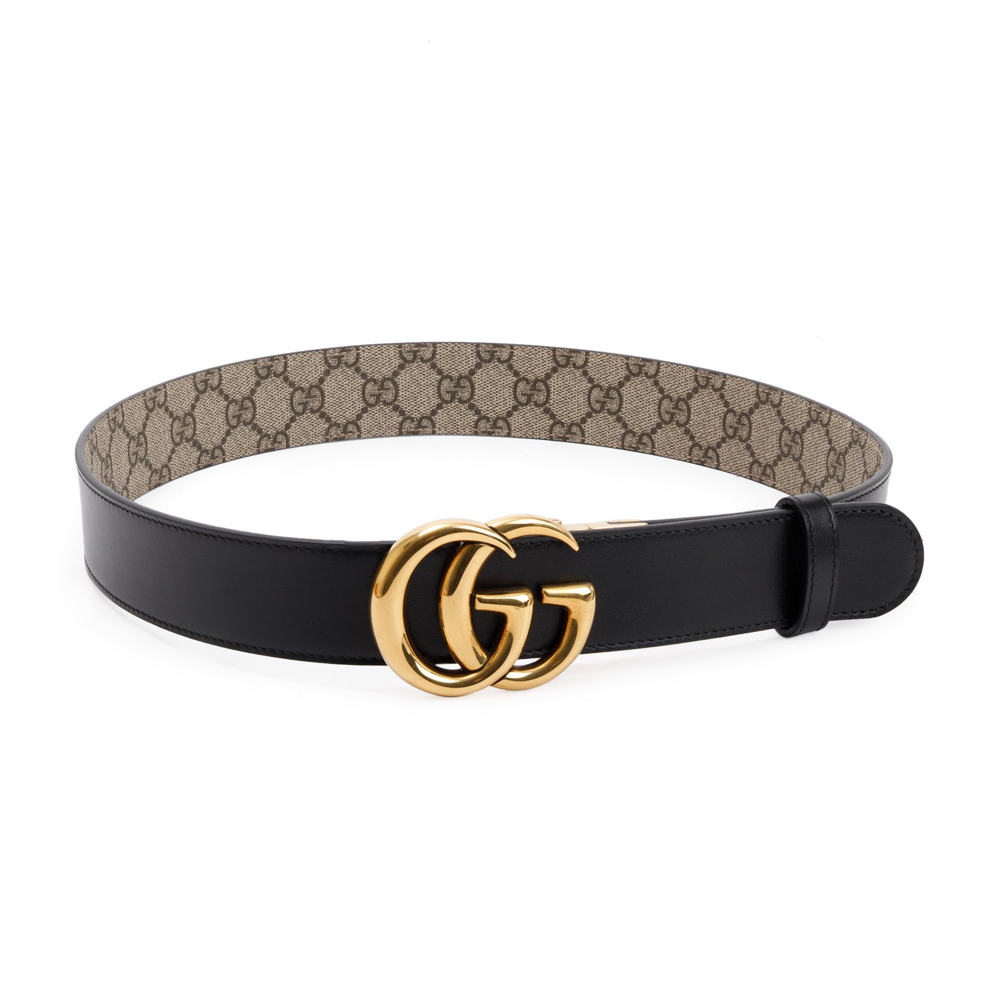 Gucci Black Calfskin Leather GG Supreme Reversible GG Marmont Belt, 85 24