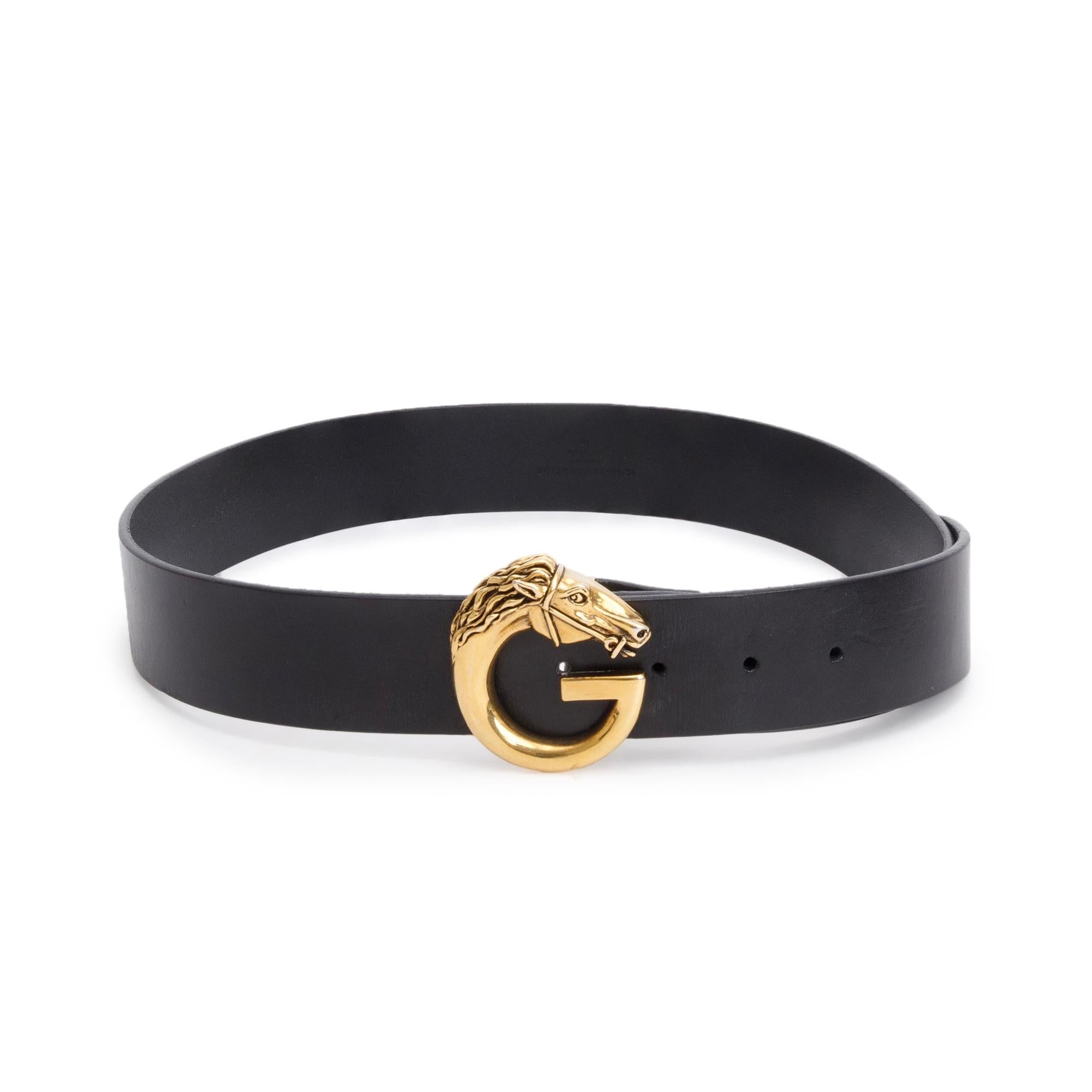 Gucci Black Calfskin Leather Horsehead G Buckle Belt, 95 38