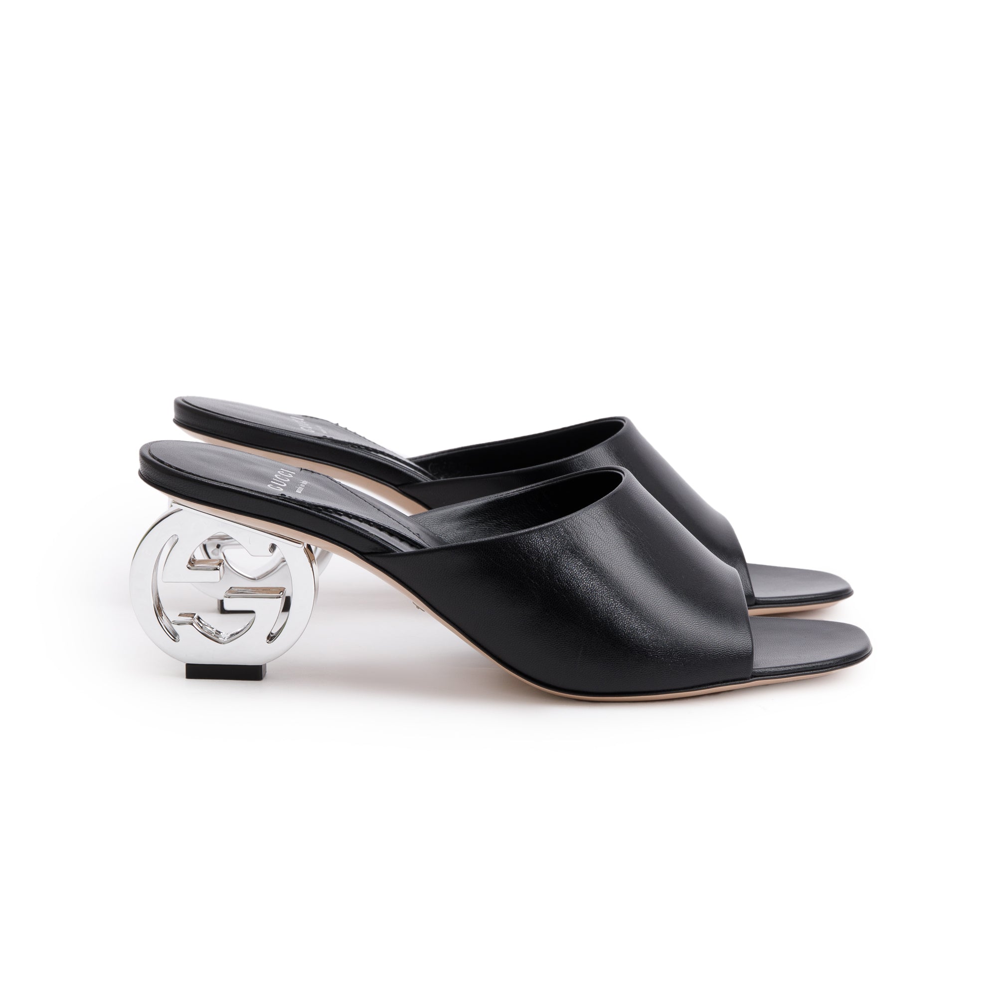 Gucci Black Calfskin Leather Interlocking G Heel Bella Sandals, Size 39 w/ Box