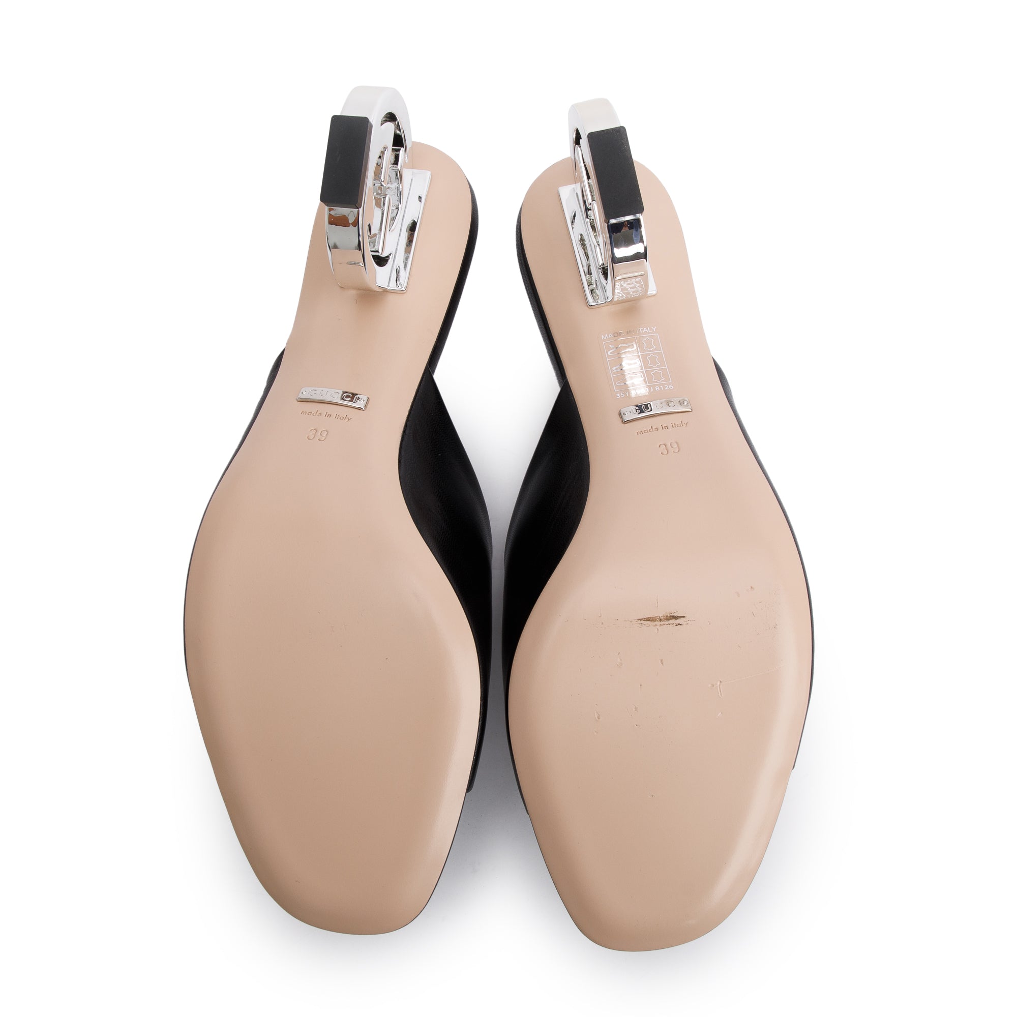 Gucci Black Calfskin Leather Interlocking G Heel Bella Sandals, Size 39 w/ Box