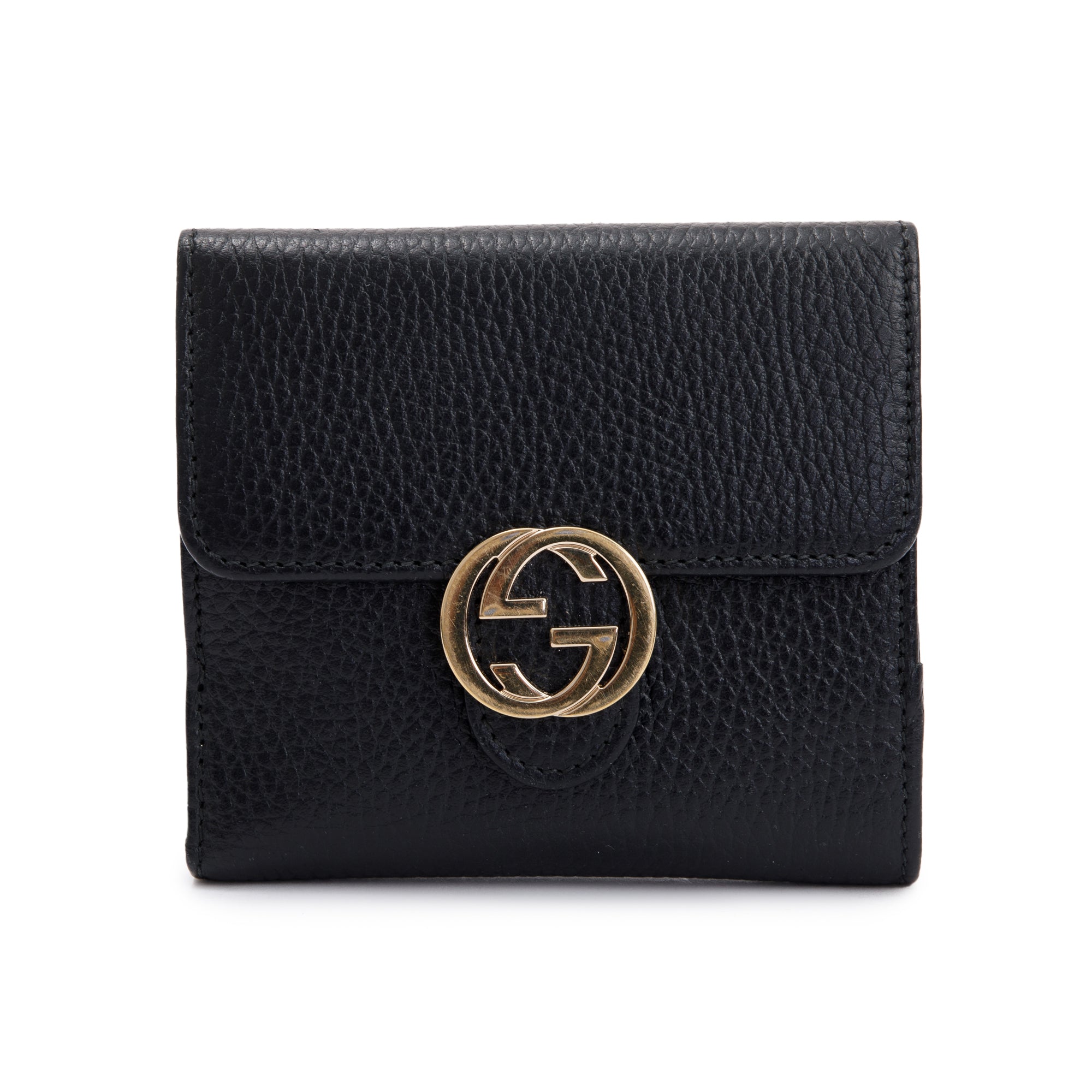 Gucci Black Calfskin Leather Interlocking G Logo Dollar French Wallet w/ Box