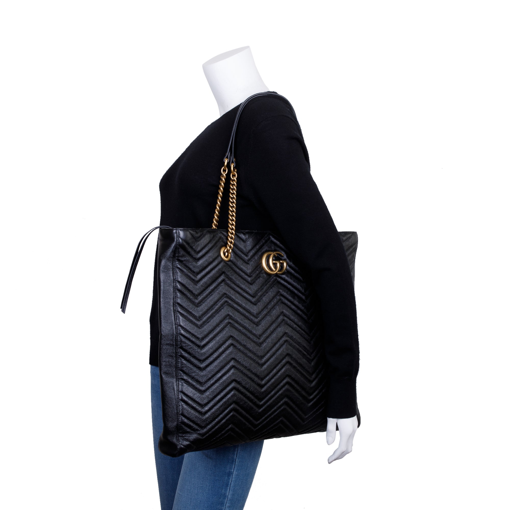 Gucci Black Calfskin Leather Large GG Marmont Matelasse Slim Tote