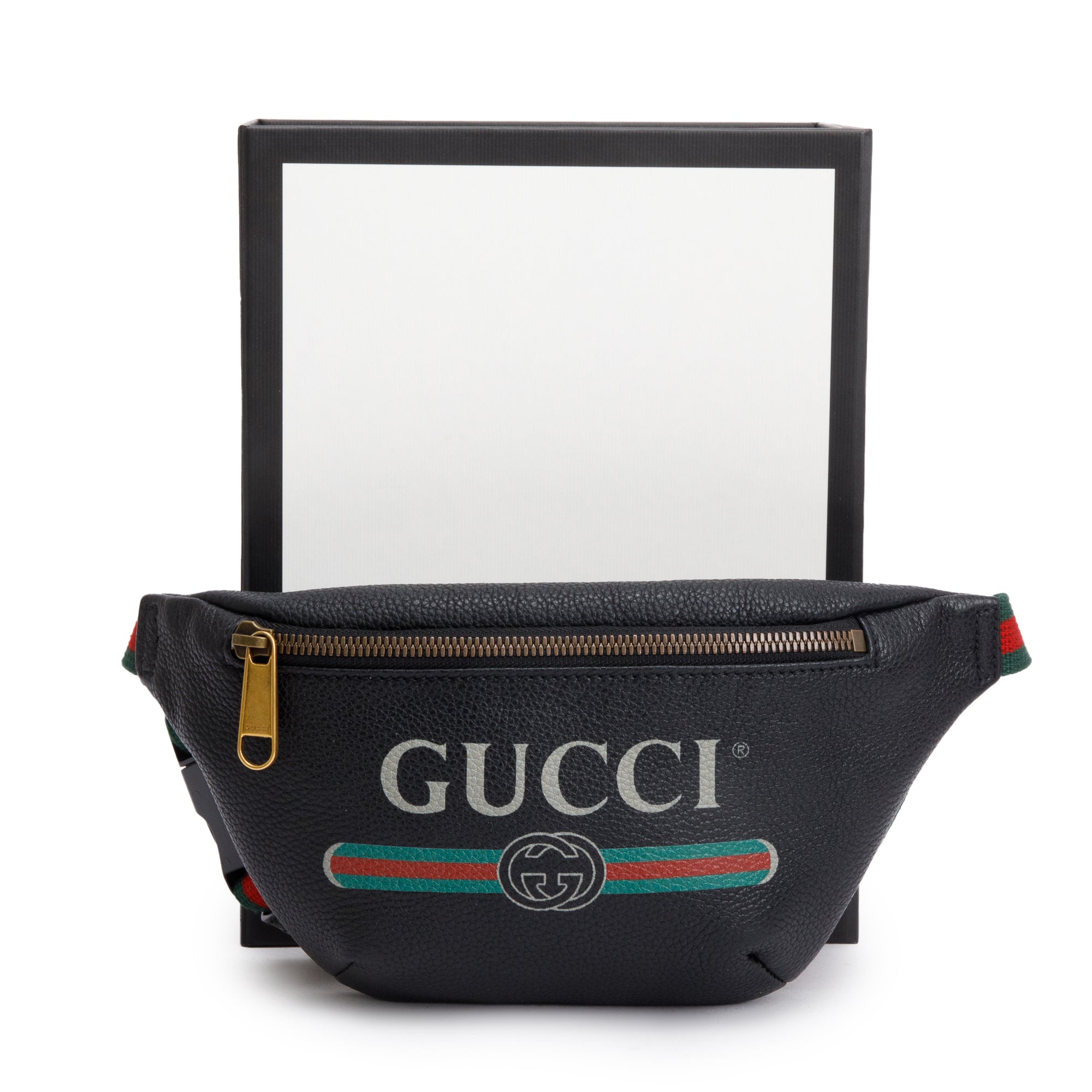 Gucci Black Calfskin Leather Logo Print Small Belt Bag w/ Box