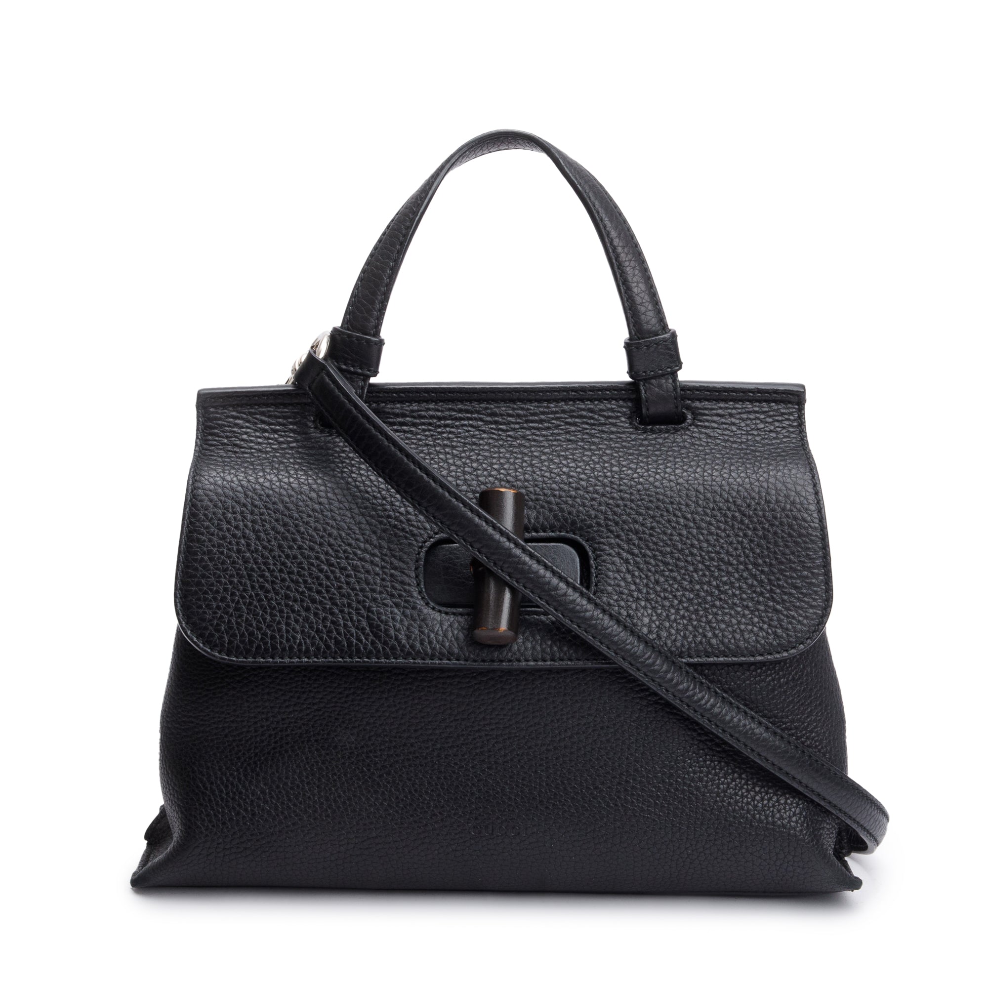 Gucci Black Calfskin Leather Small Bamboo Daily Top Handle Bag w/ Strap & Receipt