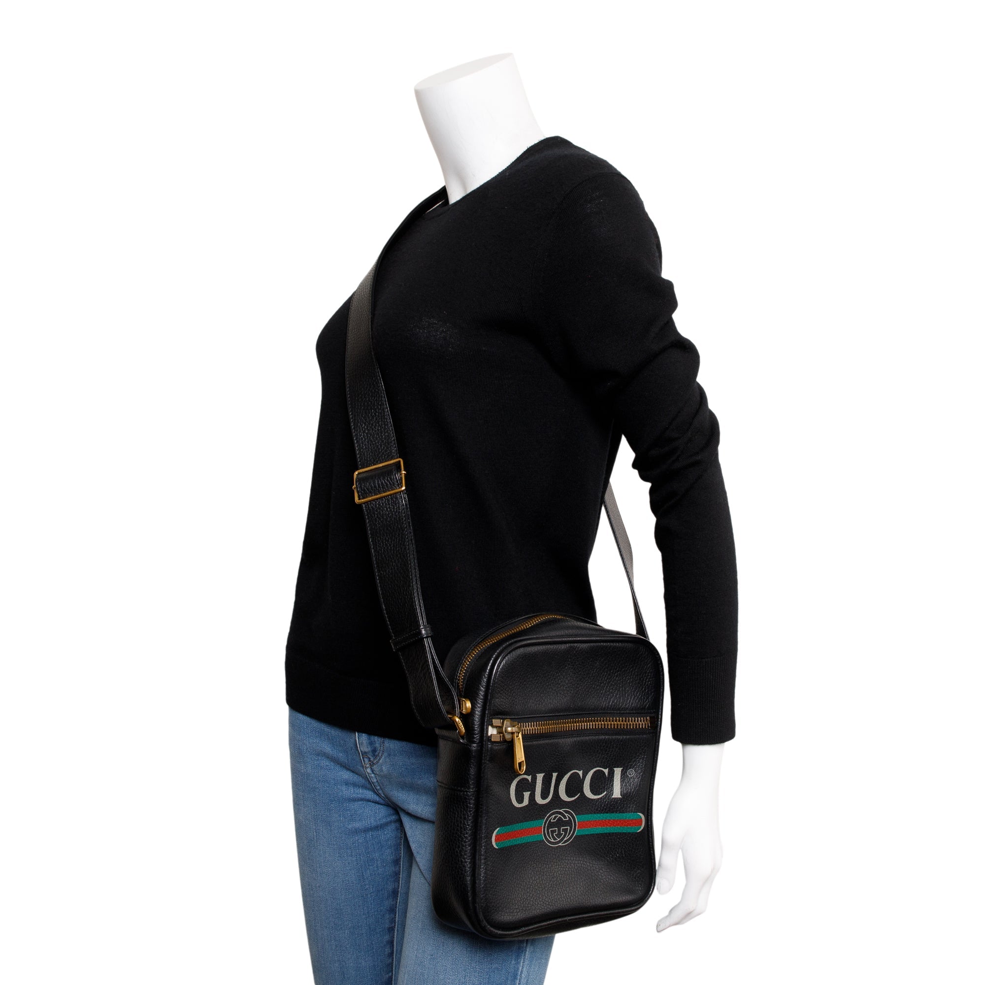 Gucci Black Calfskin Leather Web Logo Messenger Bag w/ Box