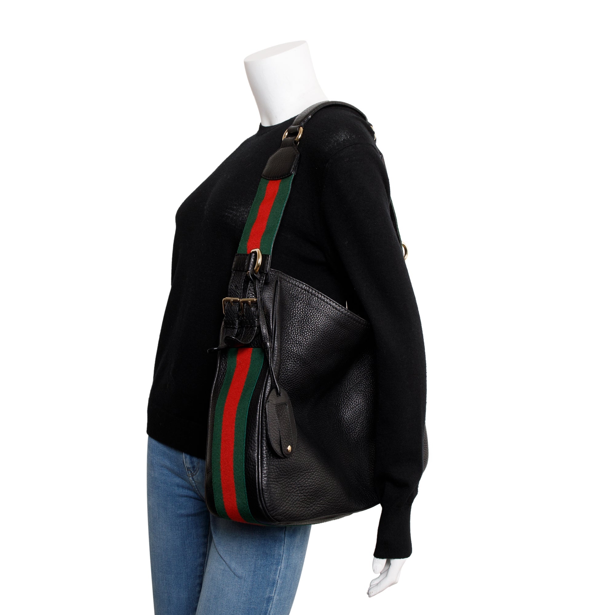 Gucci Black Calfskin Leather Web Medium Heritage Shoulder Bag