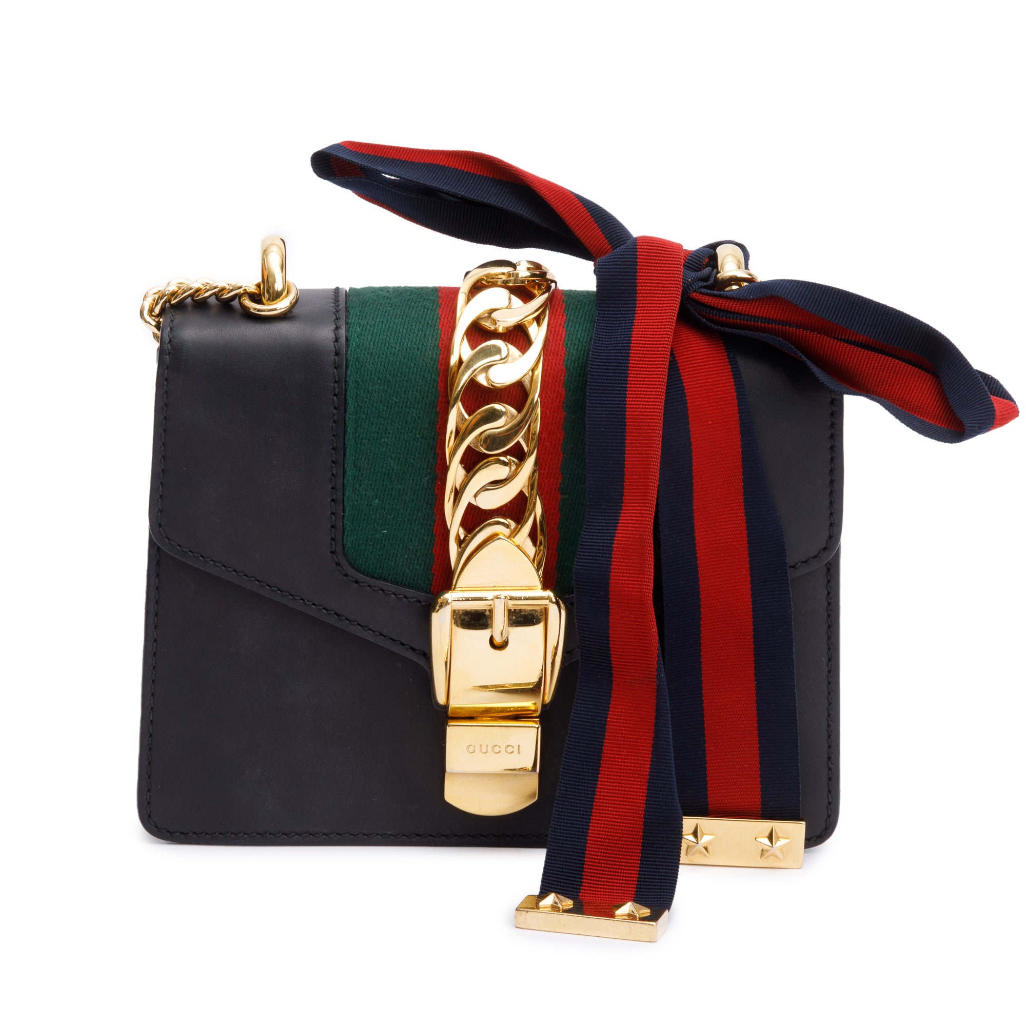 Gucci Black Calfskin Leather Web Mini Sylvie Chain Shoulder Bag