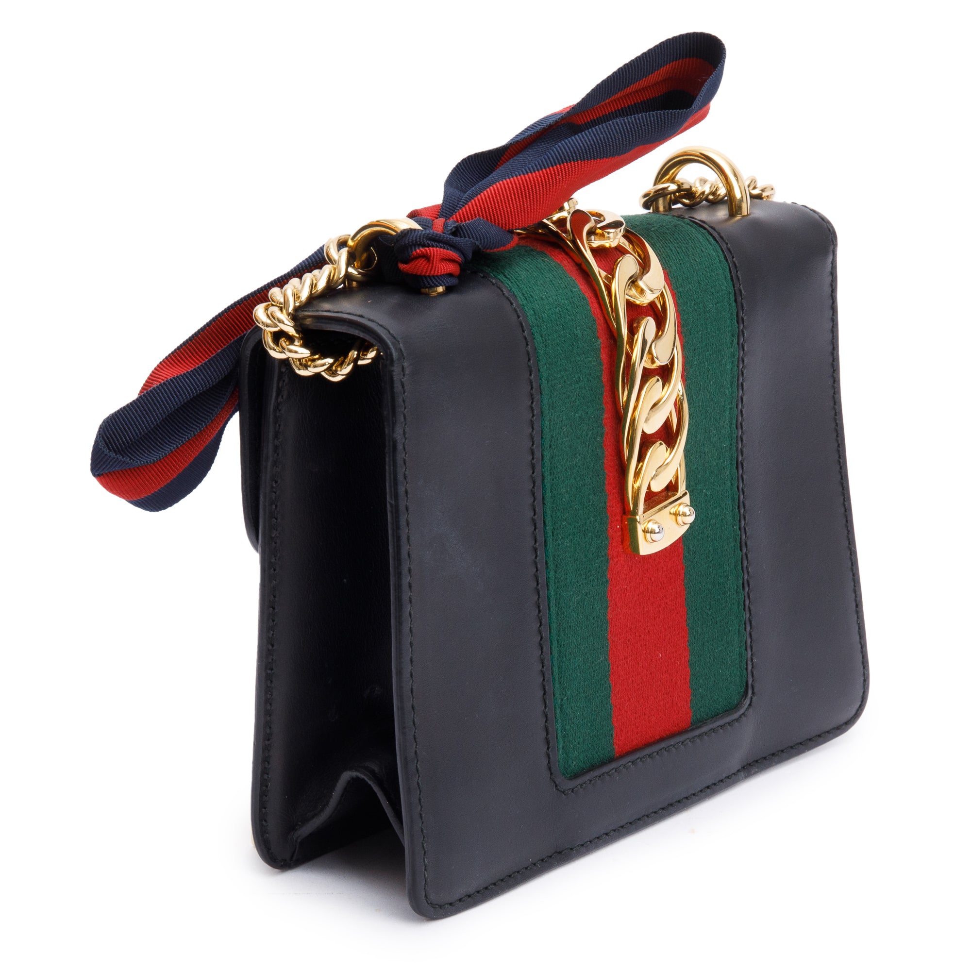 Gucci Black Calfskin Leather Web Mini Sylvie Chain Shoulder Bag