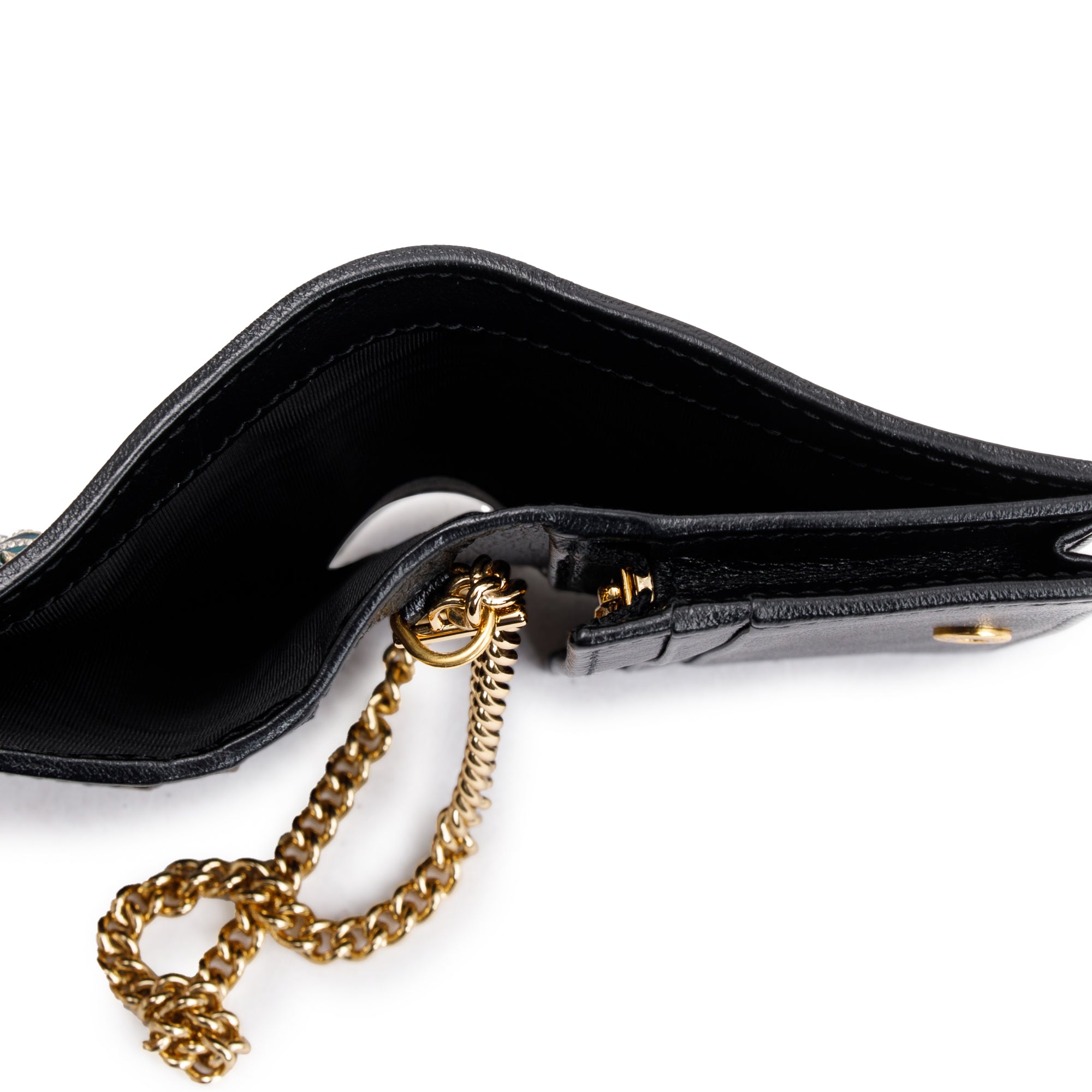 Gucci Black Calfskin Leather Web Rajah Chain Card Case Wallet