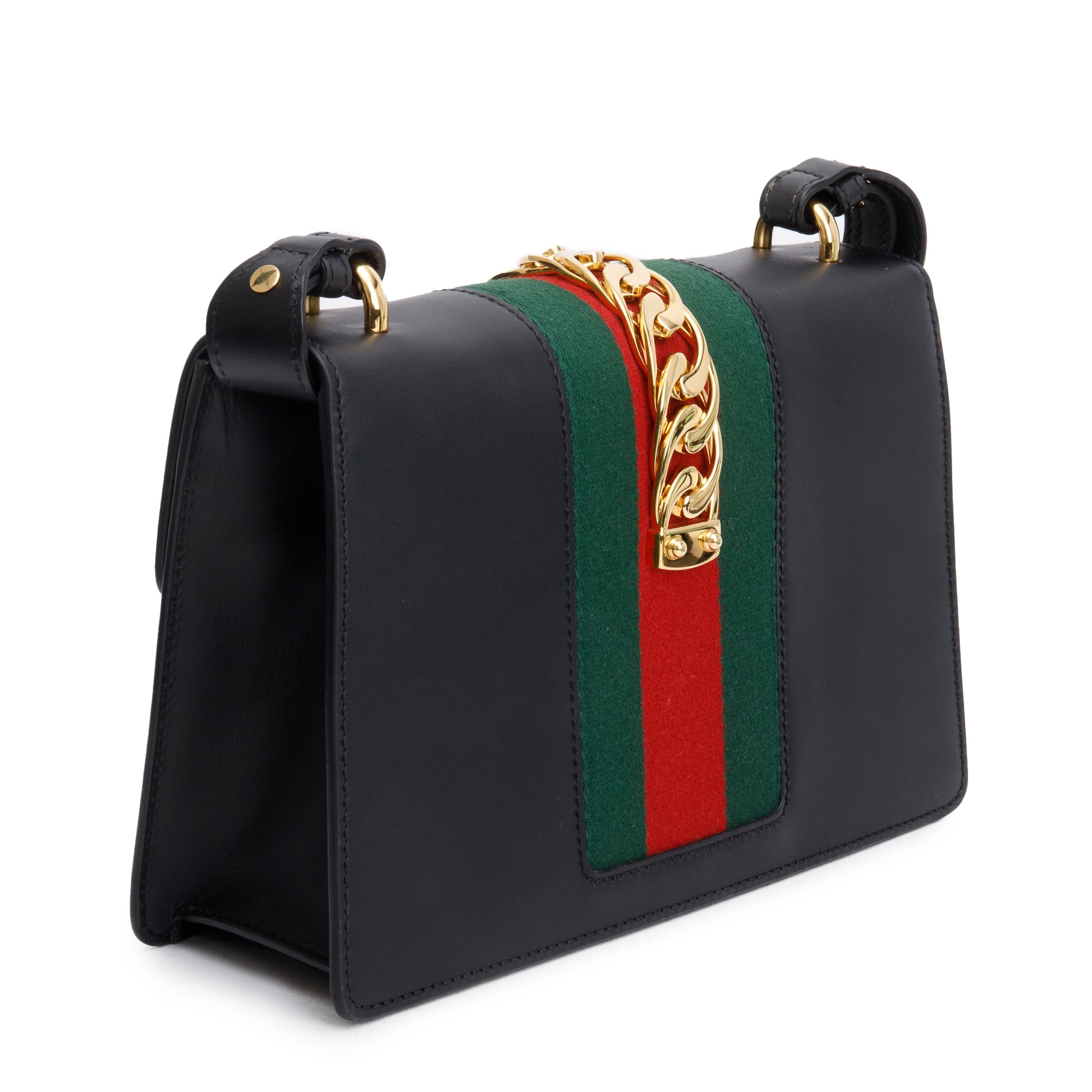 Gucci Black Calfskin Leather Web Small Sylvie Shoulder Bag