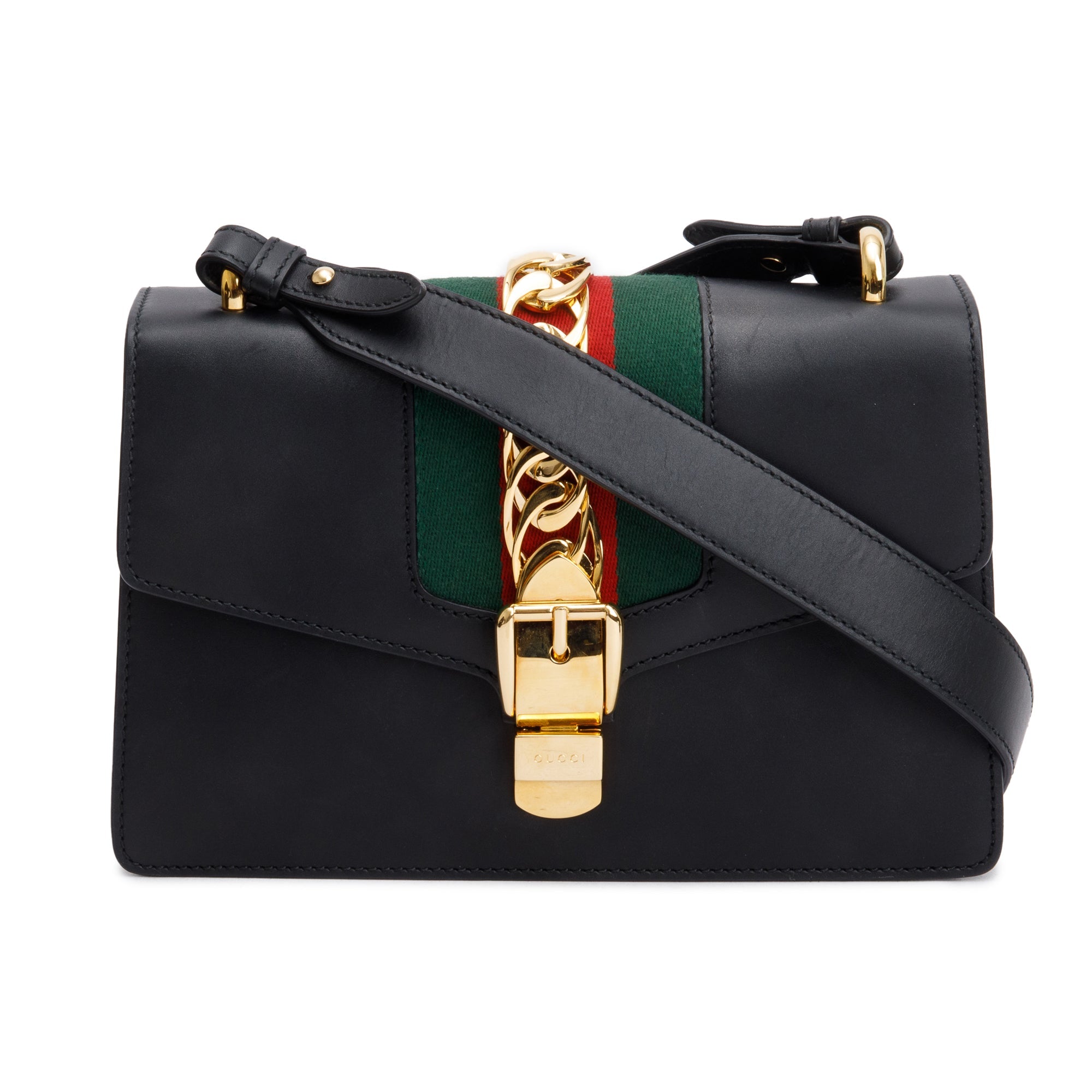 Gucci Black Calfskin Leather Web Small Sylvie Shoulder Bag