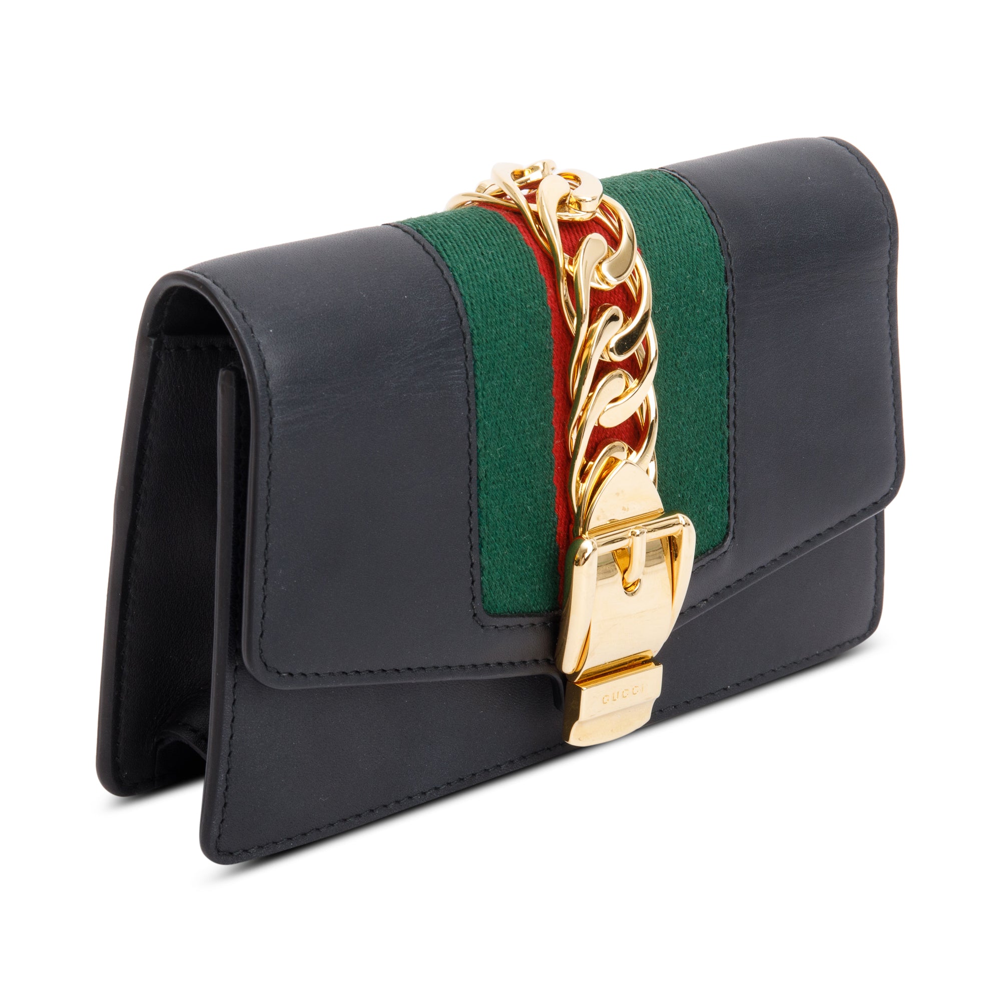 Gucci Black Calfskin Leather Web Super Mini Sylvie Chain Shoulder Bag