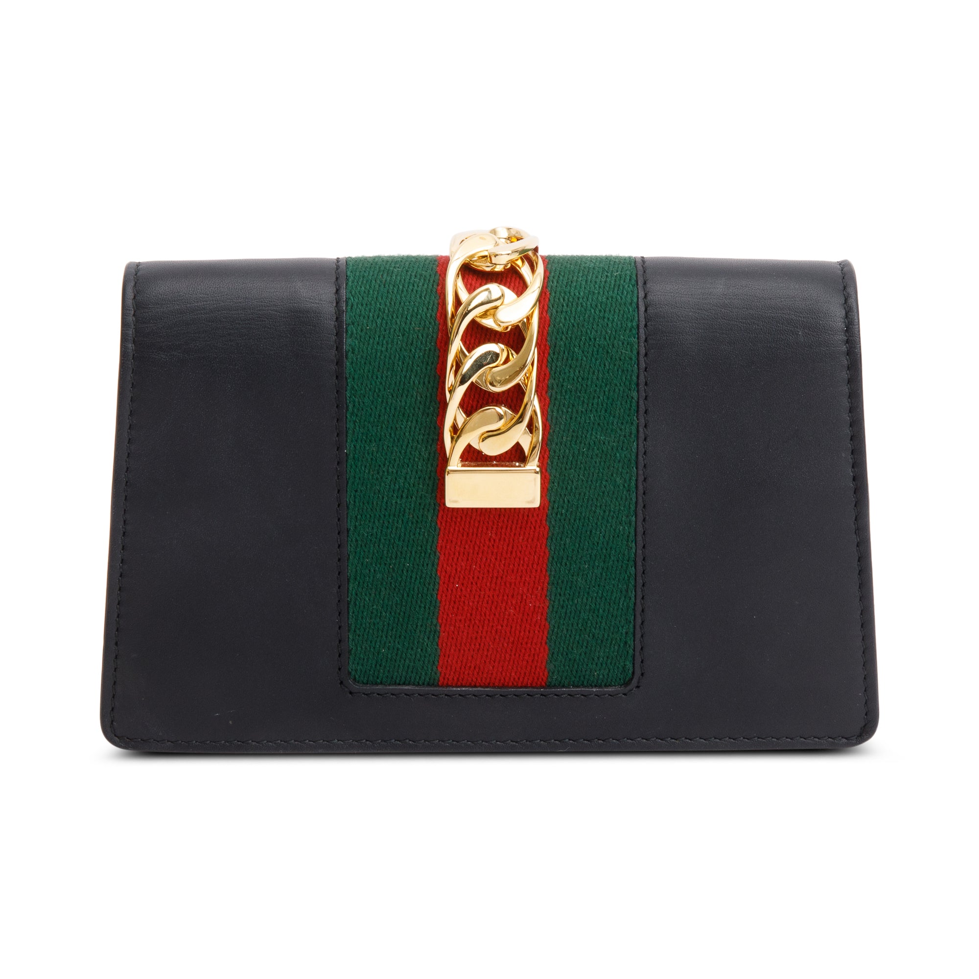 Gucci Black Calfskin Leather Web Super Mini Sylvie Chain Shoulder Bag