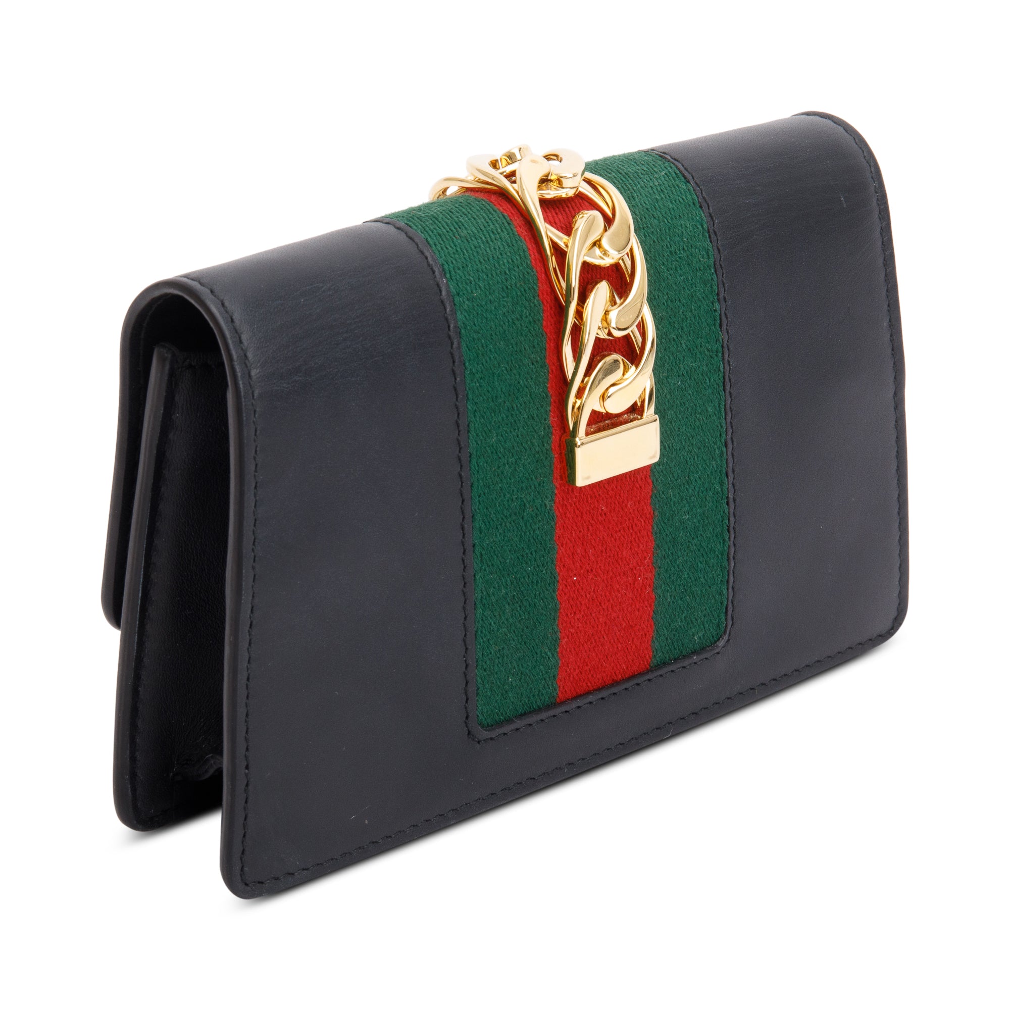 Gucci Black Calfskin Leather Web Super Mini Sylvie Chain Shoulder Bag