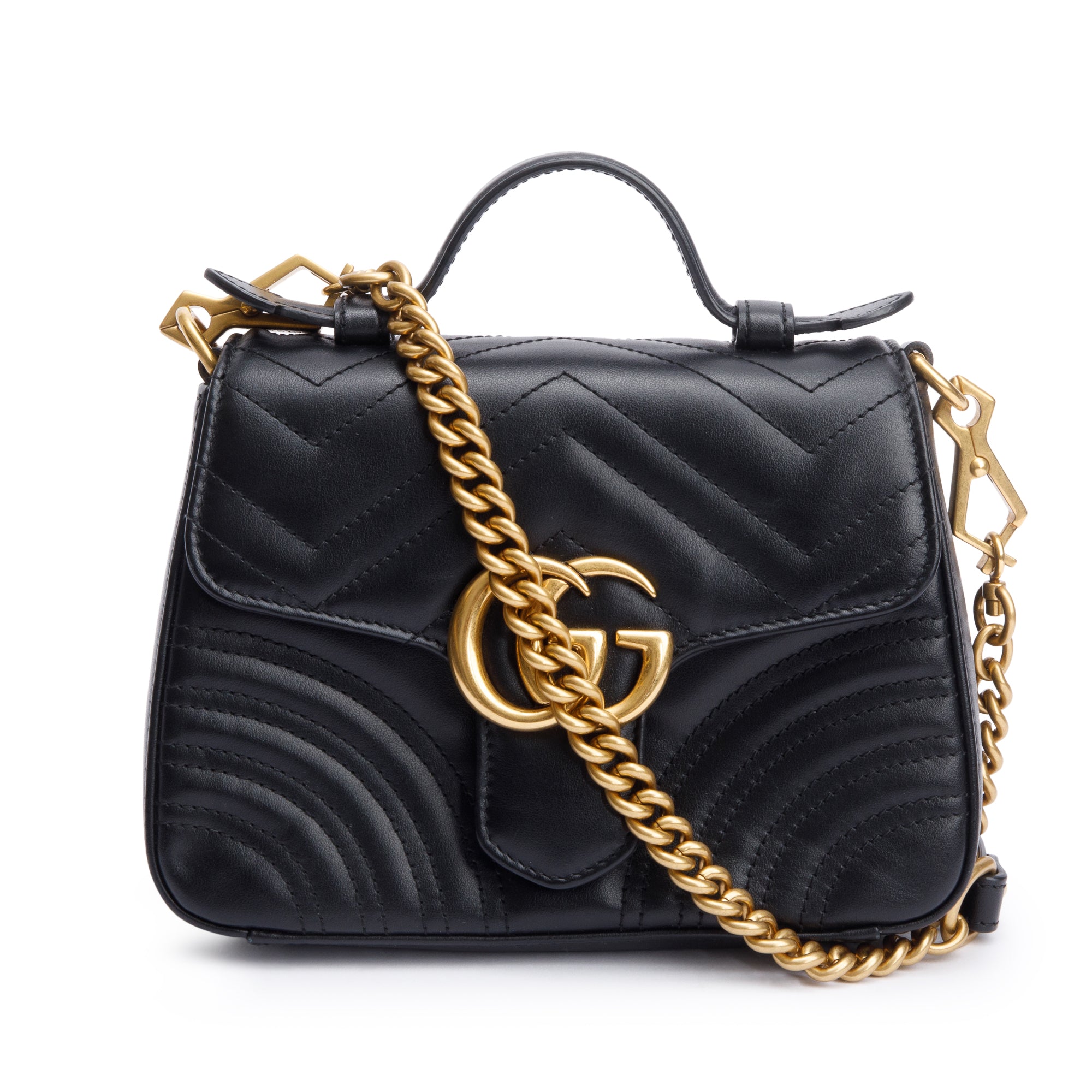Gucci Black Calfskin Matelasse GG Marmont Mini Top Handle Shoulder Bag w/ Strap