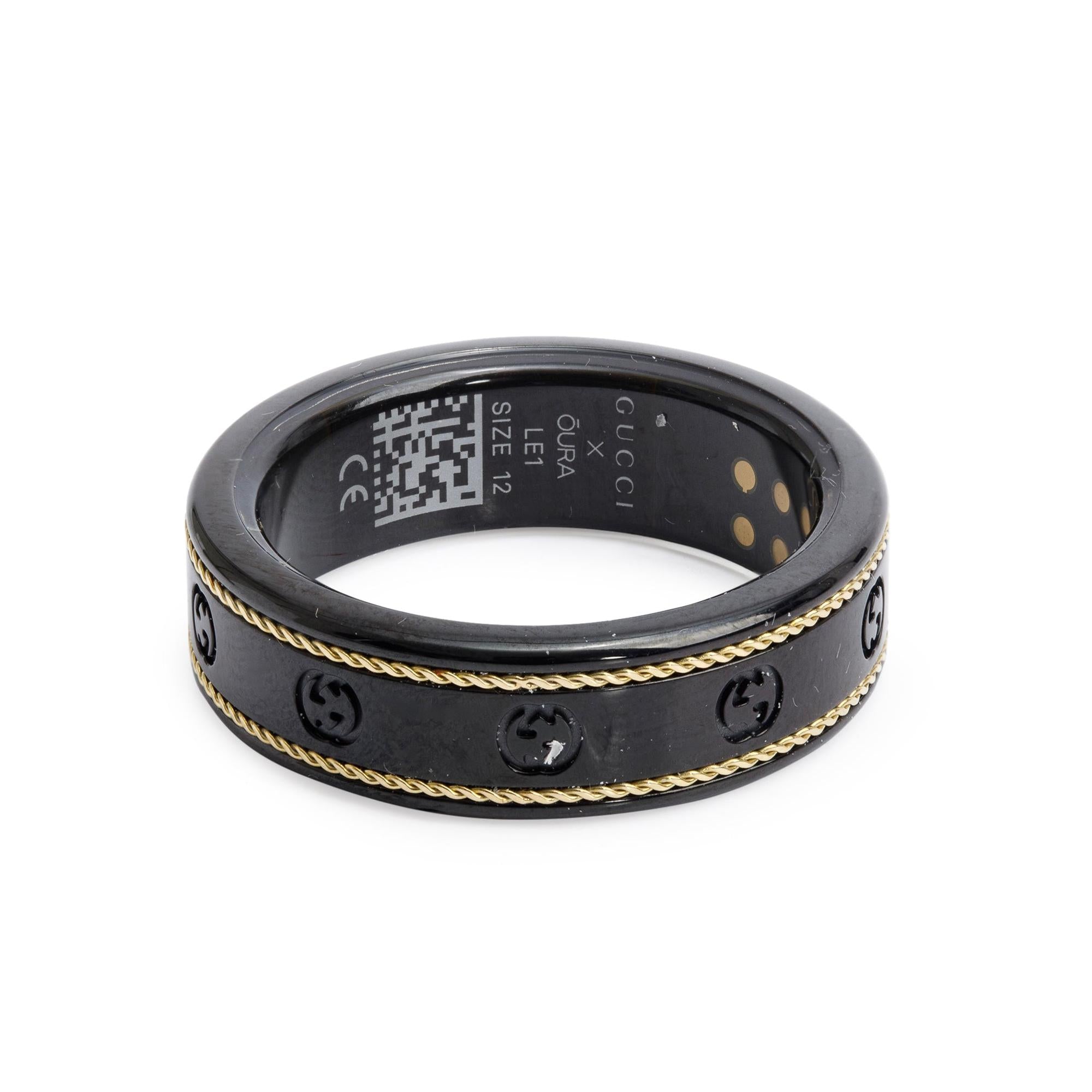 Gucci Black Ceramic & 18k Yellow Gold LE1 Smart Ring, Size 12 10 w/ Box & Charger