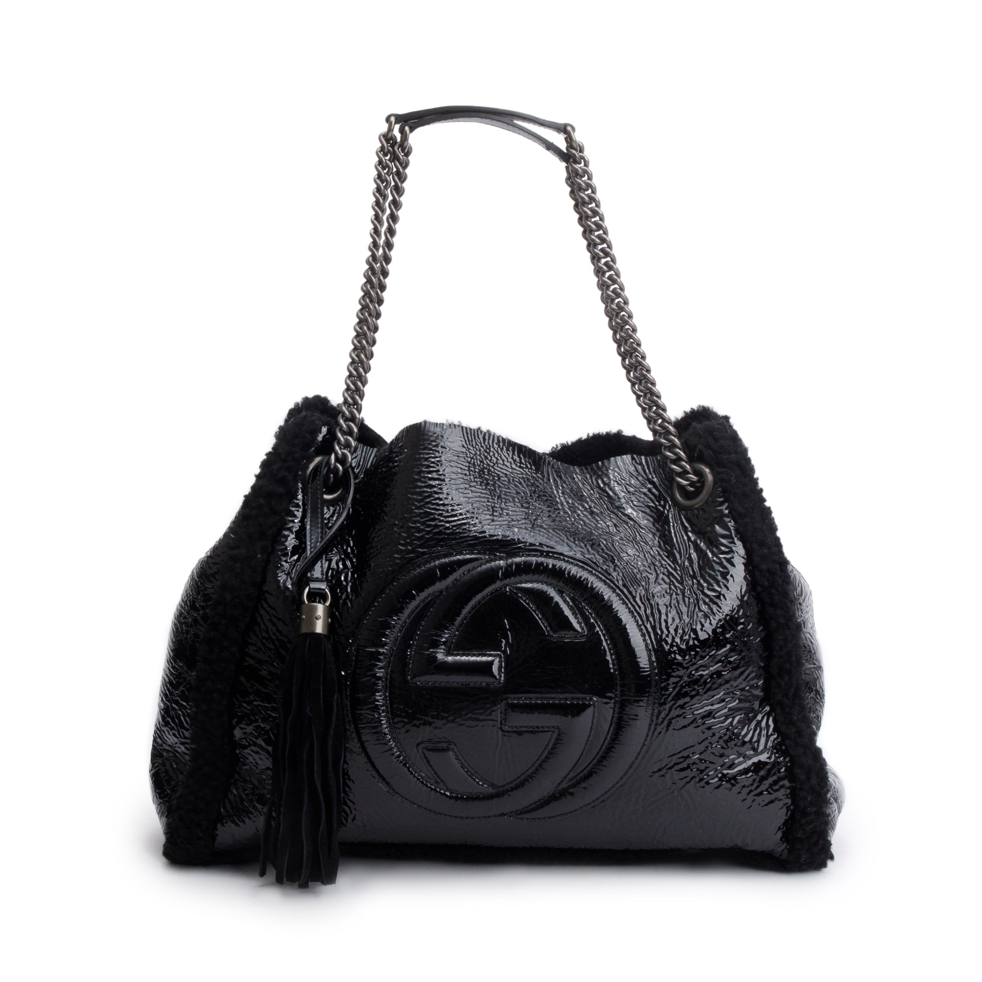 Gucci Black Crushed Patent Leather Shearling Trim Medium Soho Chain Tote w/ Pouch