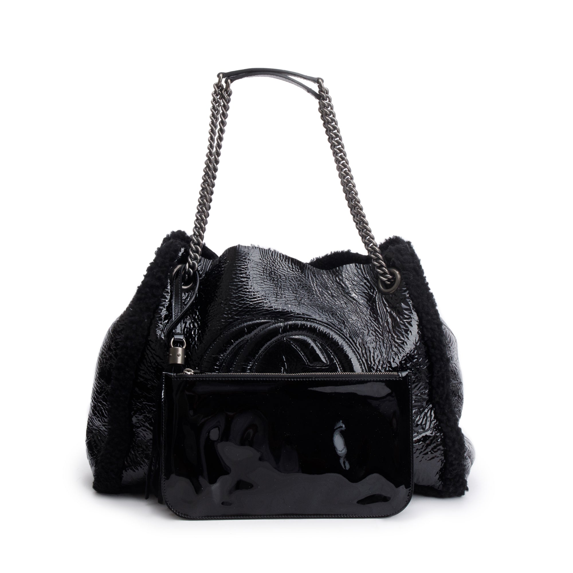 Gucci Black Crushed Patent Leather Shearling Trim Medium Soho Chain Tote w/ Pouch