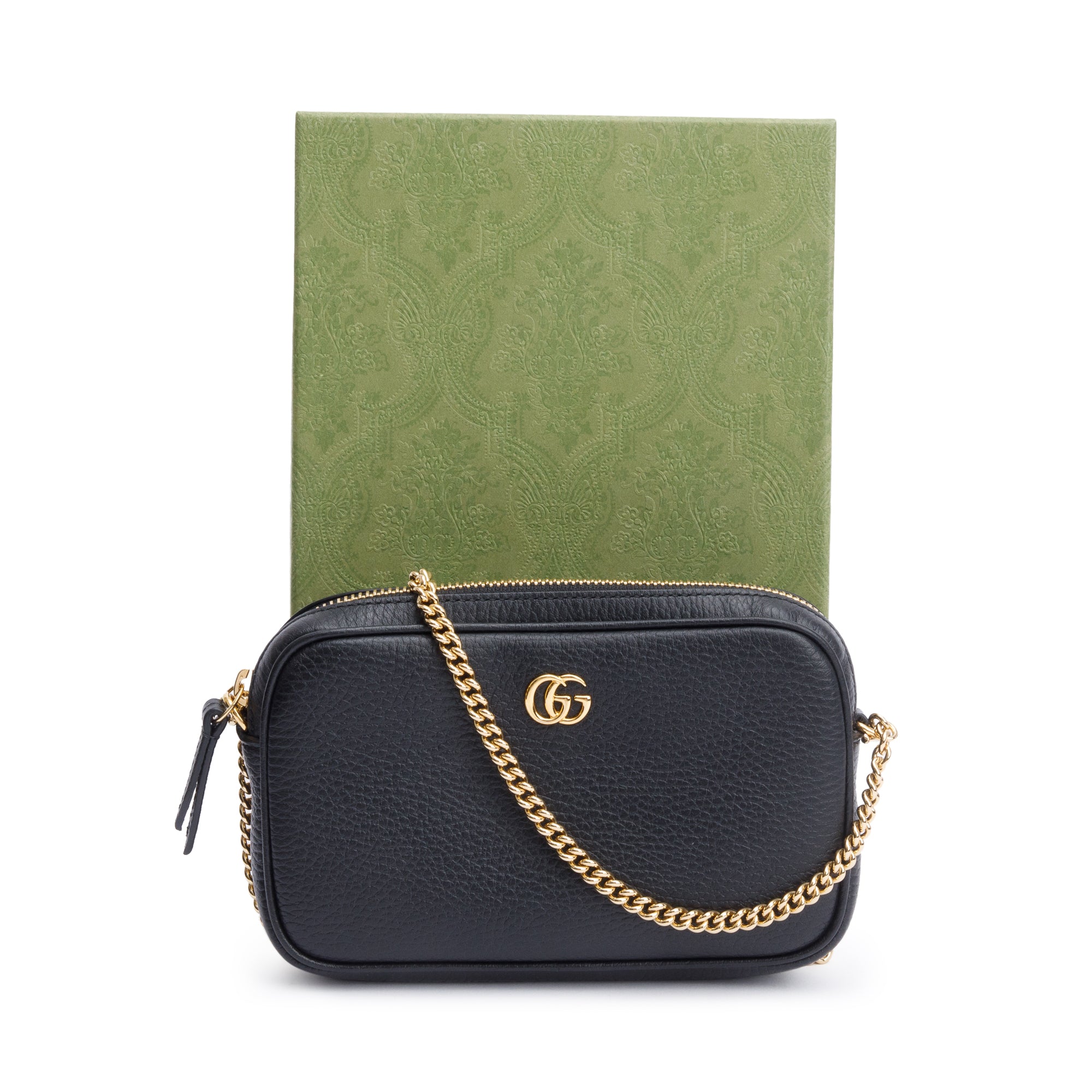Gucci Black Dollar Calfskin Leather Super Mini GG Marmont Chain Shoulder Bag w/ Box