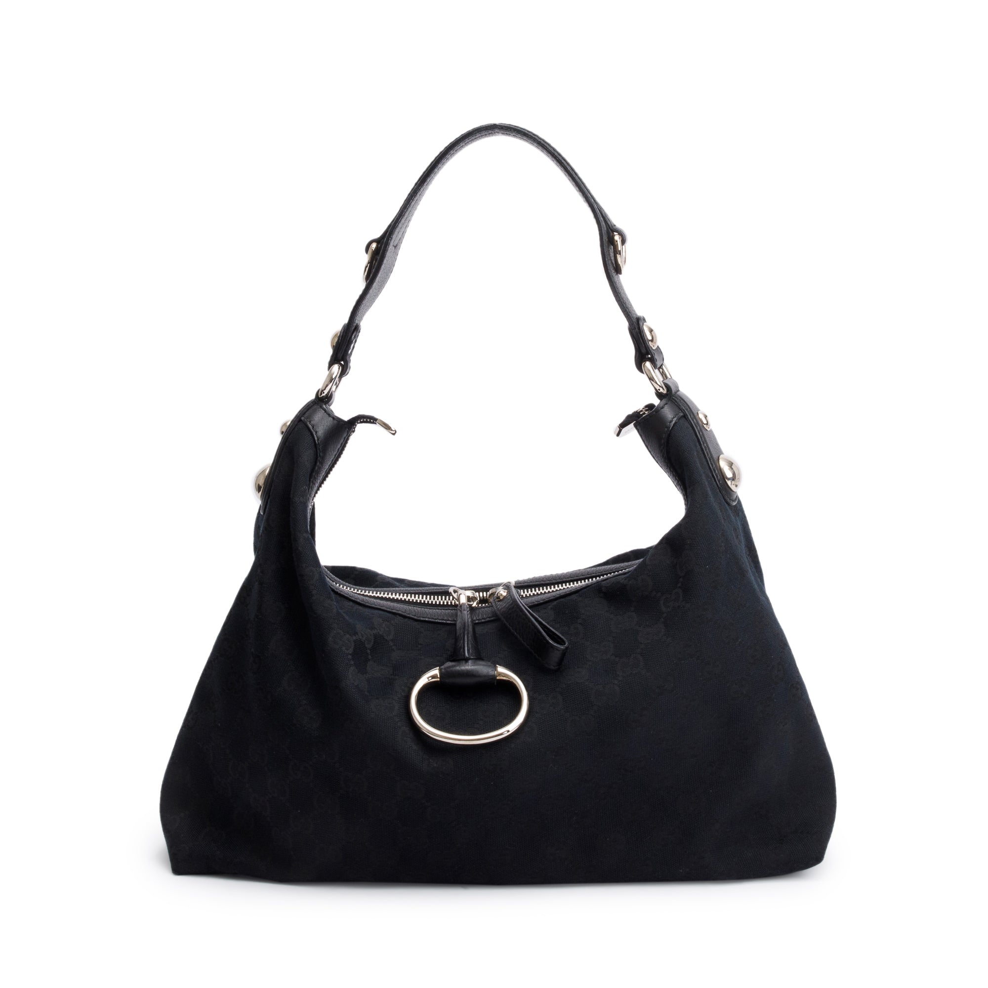Gucci Black GG Canvas Leather Trim Medium Icon Bit Hobo w/ Strap