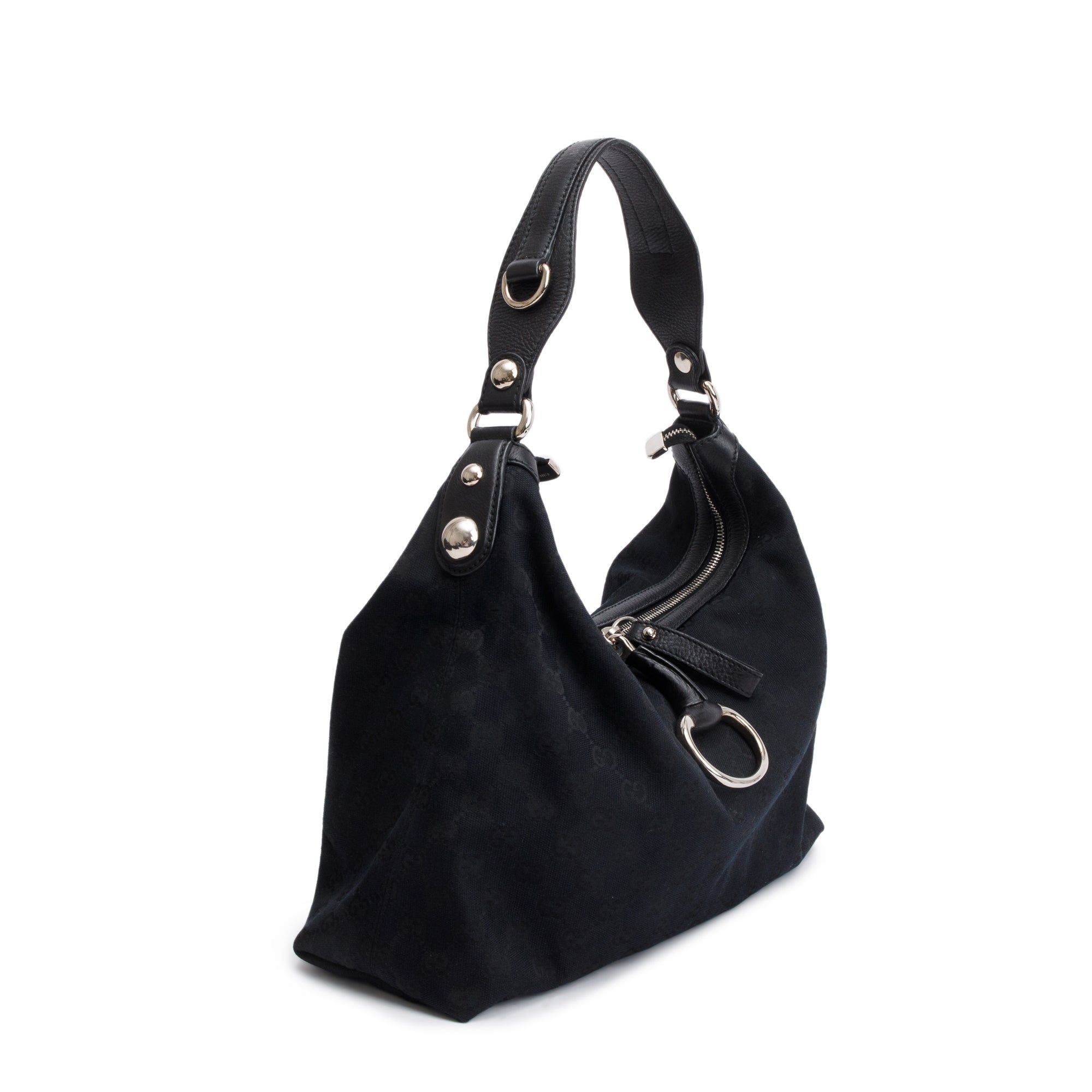 Gucci Black GG Canvas Leather Trim Medium Icon Bit Hobo w/ Strap