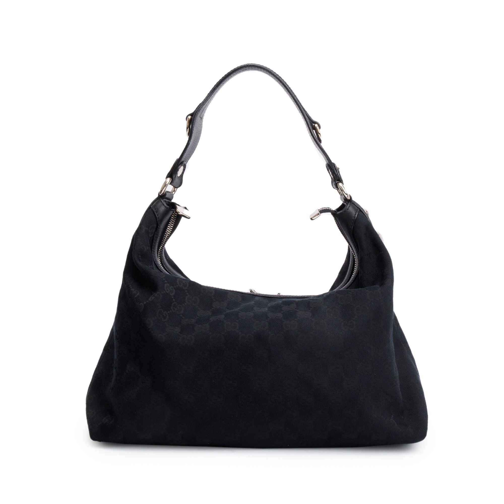 Gucci Black GG Canvas Leather Trim Medium Icon Bit Hobo w/ Strap