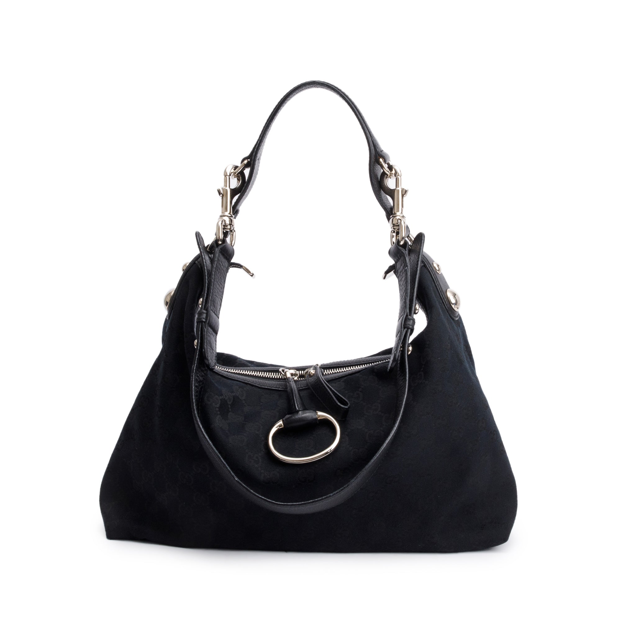 Gucci Black GG Canvas Leather Trim Medium Icon Bit Hobo w/ Strap