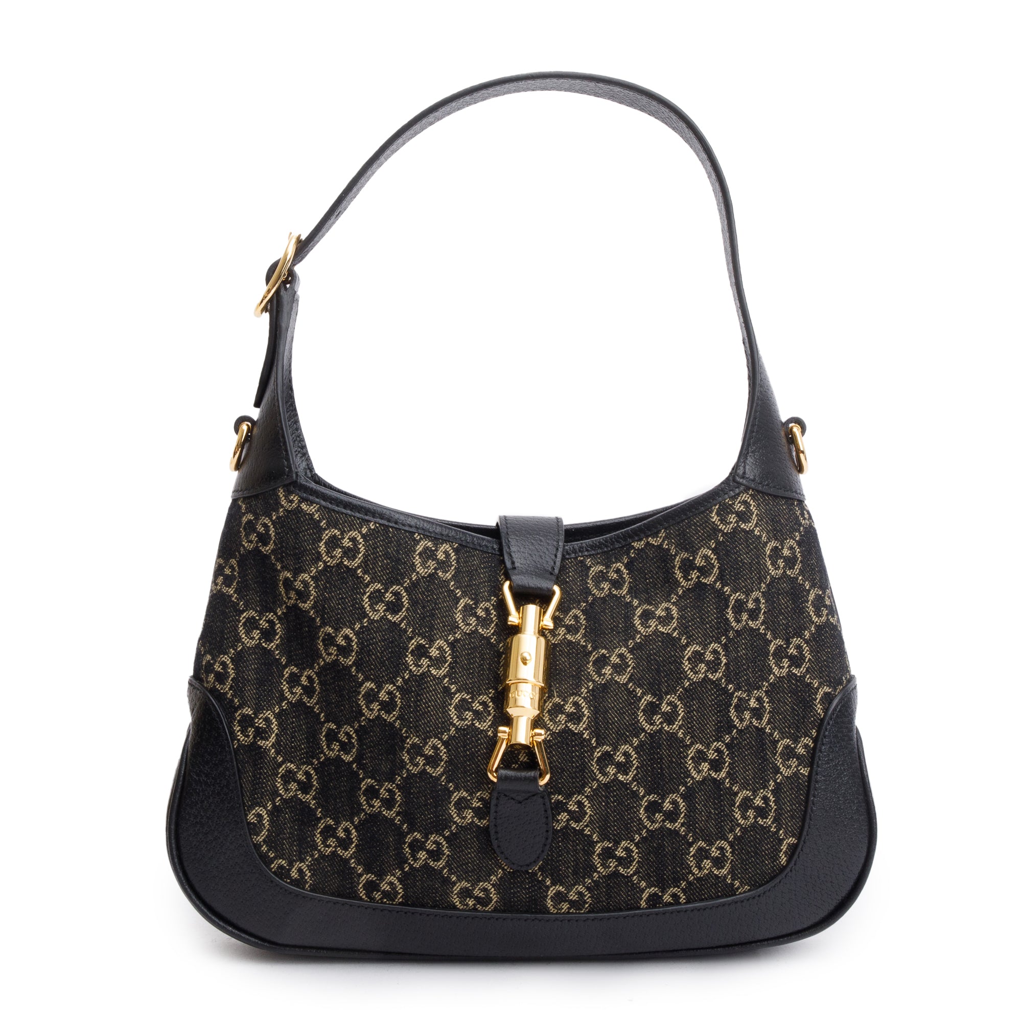 Gucci Black GG Denim Leather Trim Jackie 1961 Mini Shoulder Bag w/ Strap
